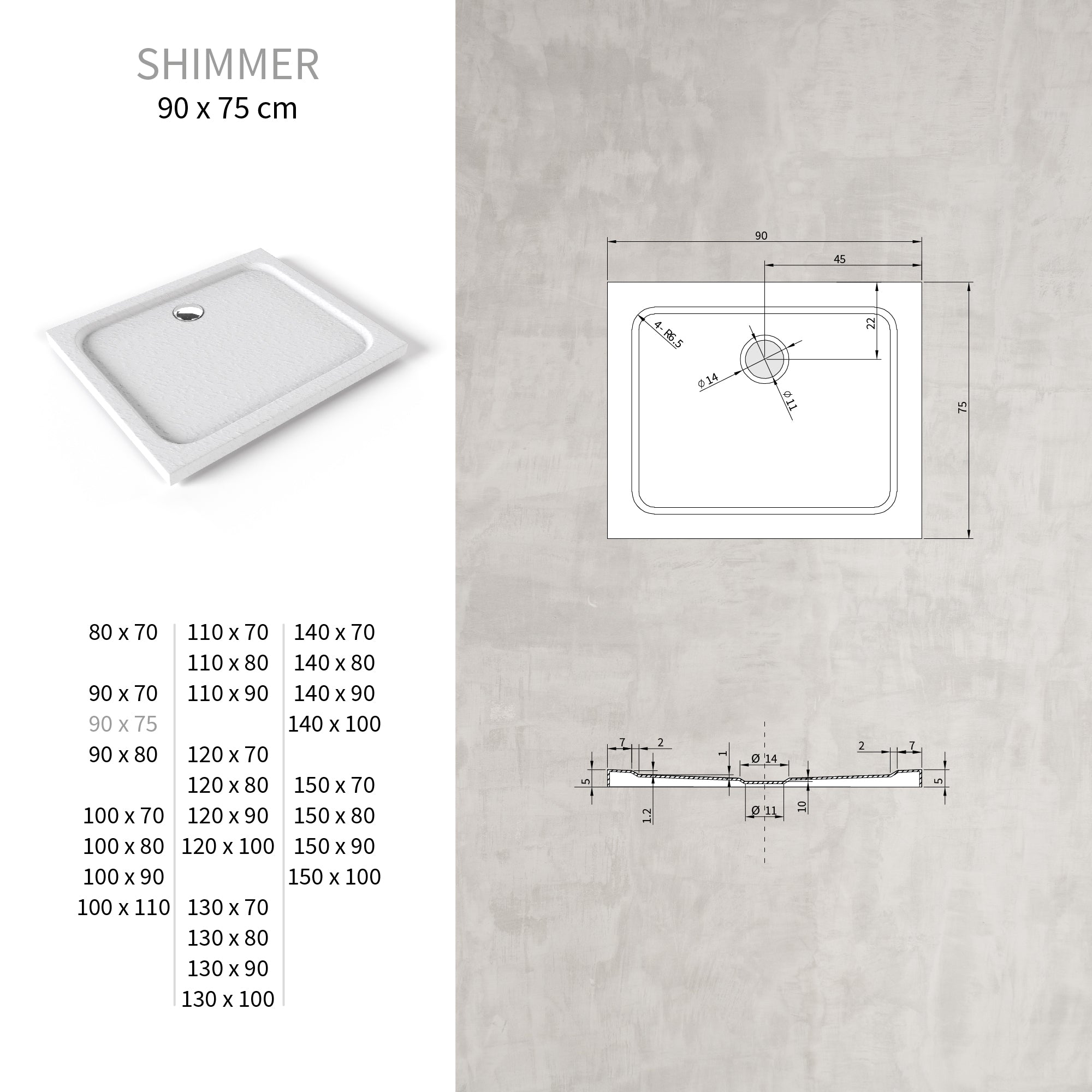 SHIMMER - Piatto doccia bianco Stone acrilico, texture pietra, ultrasottile 5 cm, sifone e valvola inclusi