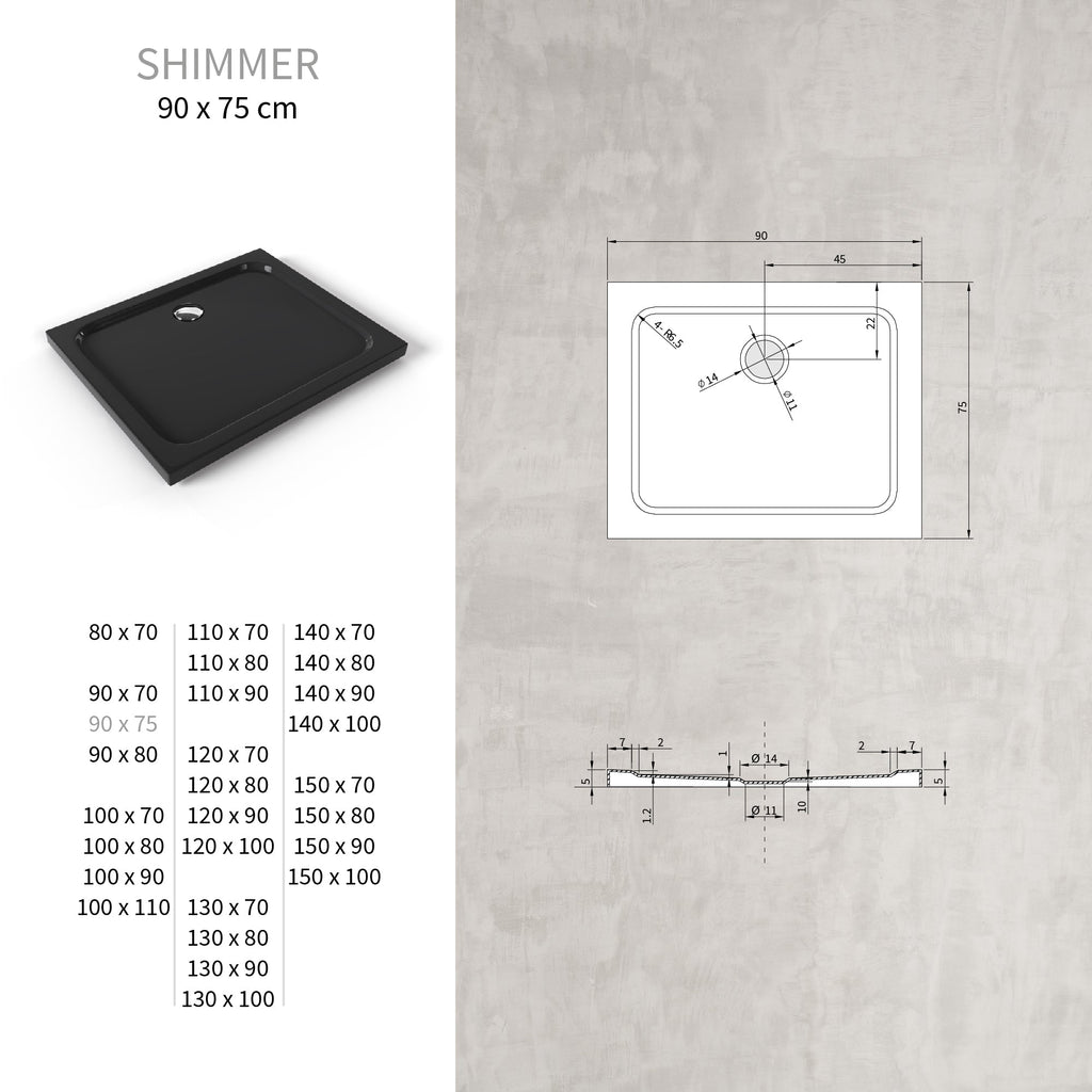 SHIMMER - Piatto doccia nero Smooth acrilico, texture liscia, ultrasottile 5 cm, sifone e valvola inclusi