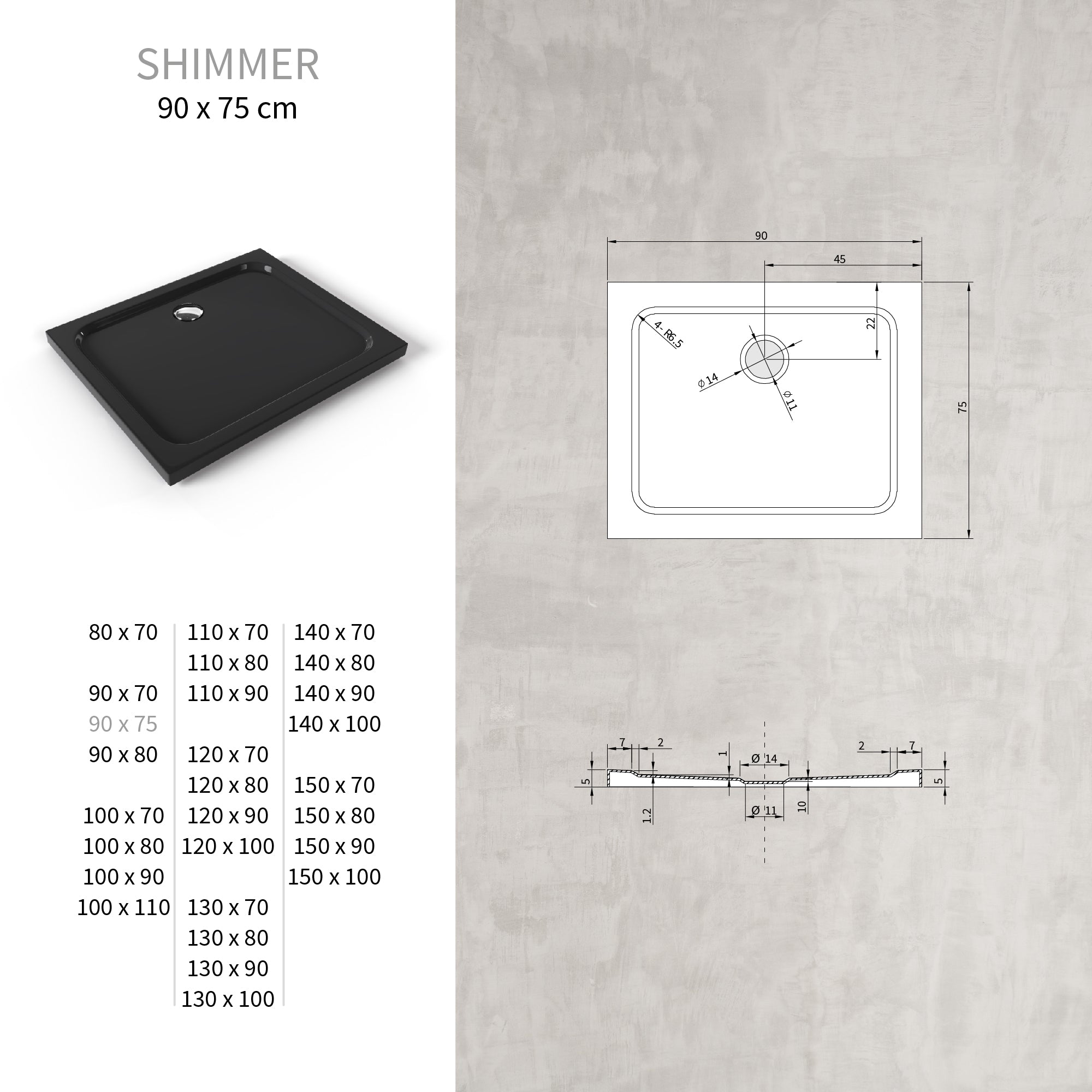 SHIMMER - Piatto doccia nero Stone acrilico, texture pietra, ultrasottile 5 cm, sifone e valvola inclusi