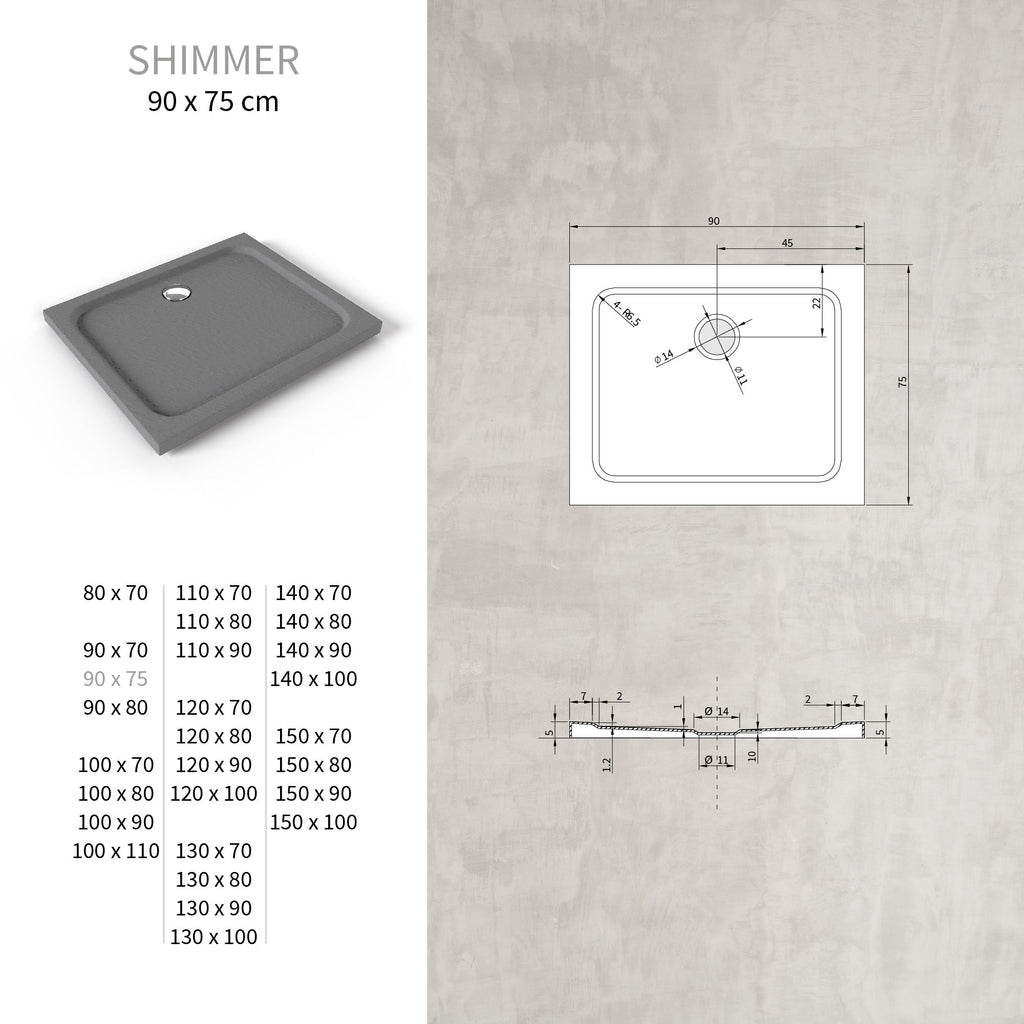 SHIMMER - Piatto doccia grigio Stone acrilico, texture pietra, ultrasottile 5 cm, sifone e valvola inclusi