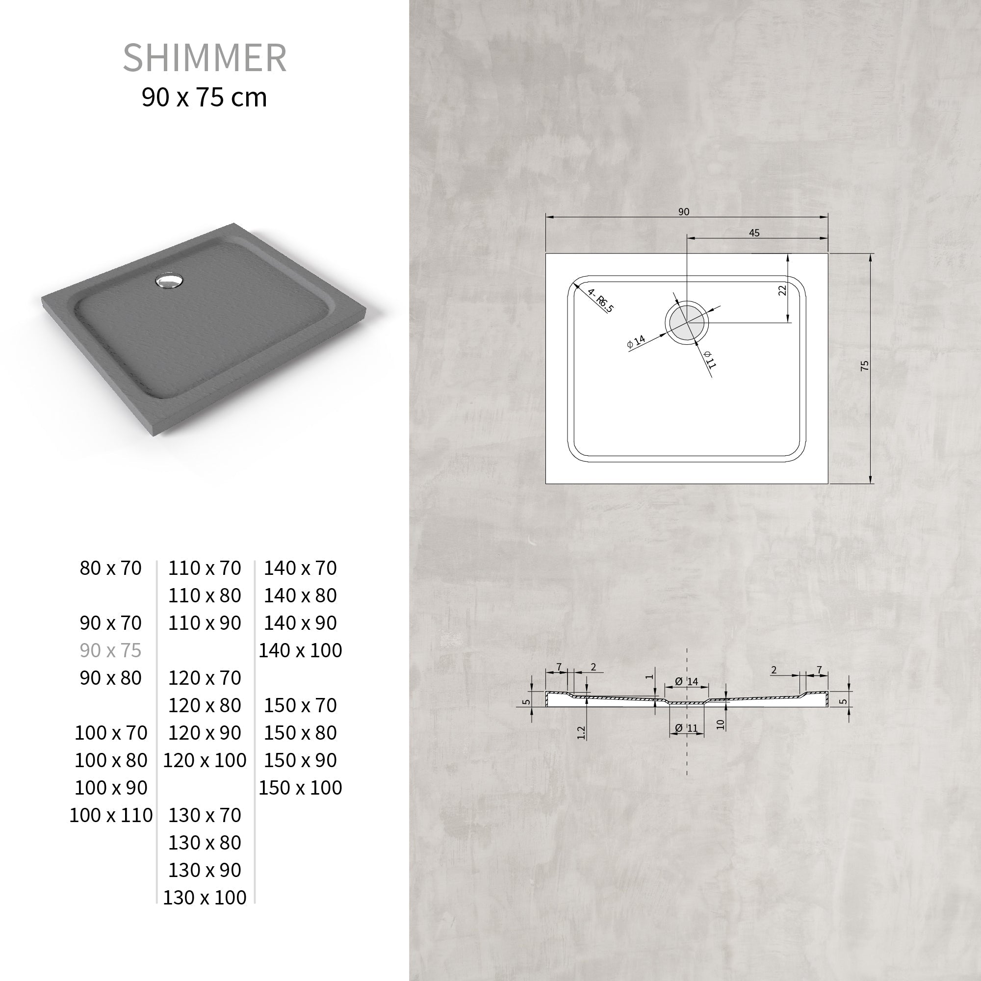 SHIMMER - Piatto doccia grigio Stone acrilico, texture pietra, ultrasottile 5 cm, sifone e valvola inclusi