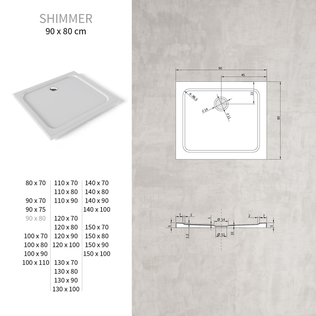 SHIMMER - Plato de ducha blanco Smooth acrílico, textura lisa, extraplano 5 cm, sifón y válvula incluidos