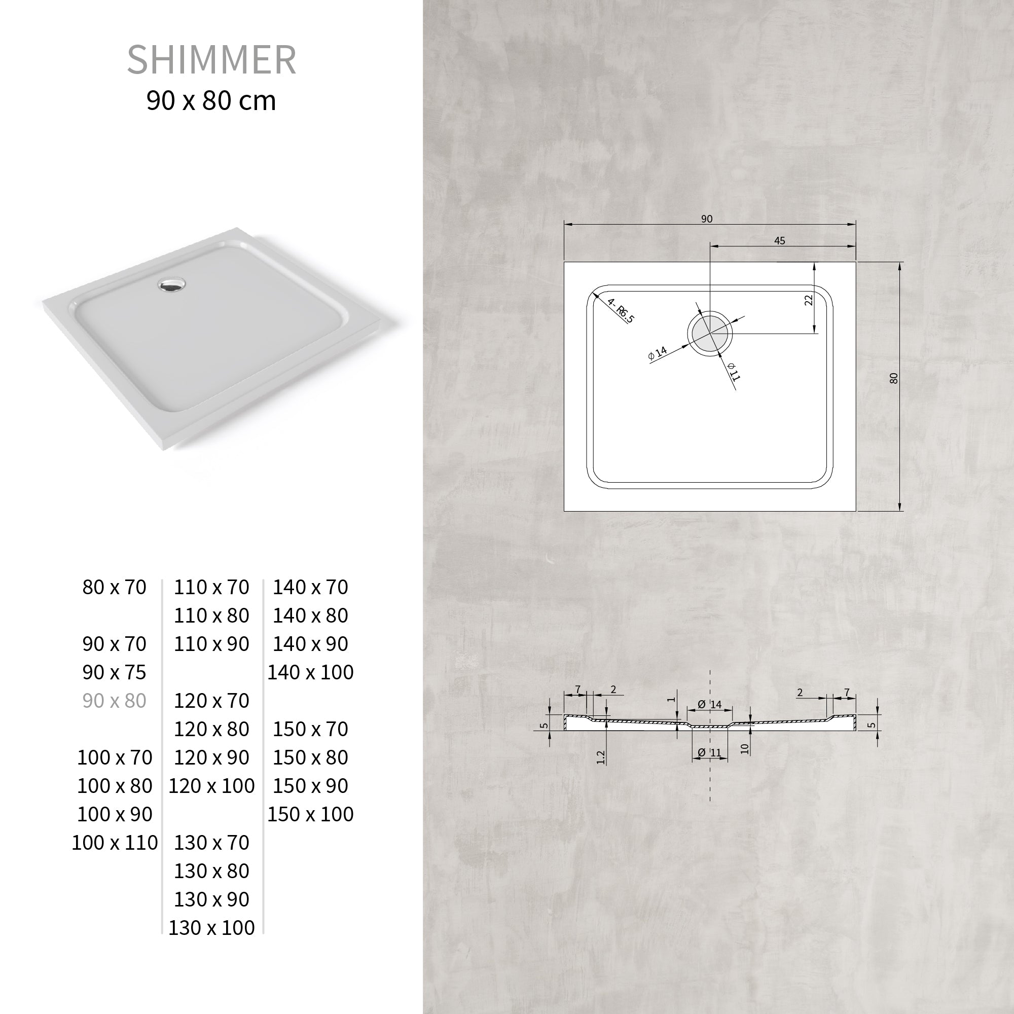 SHIMMER - Plato de ducha blanco Smooth acrílico, textura lisa, extraplano 5 cm, sifón y válvula incluidos