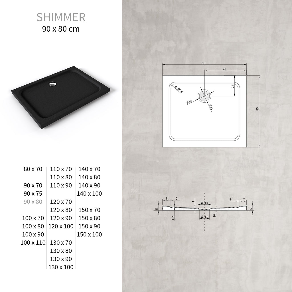 SHIMMER - Piatto doccia nero Stone acrilico, texture pietra, ultrasottile 5 cm, sifone e valvola inclusi