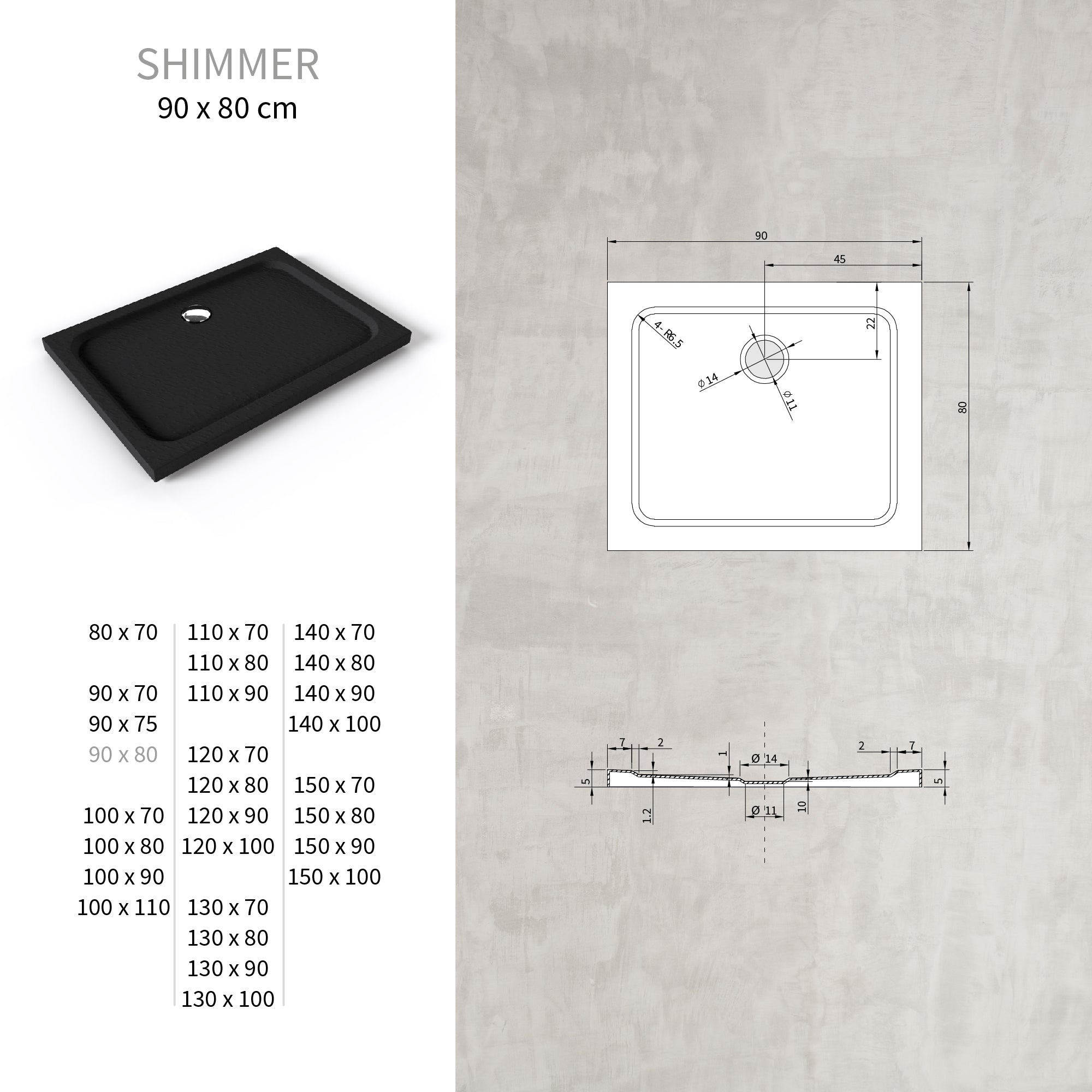 SHIMMER - Piatto doccia nero Stone acrilico, texture pietra, ultrasottile 5 cm, sifone e valvola inclusi