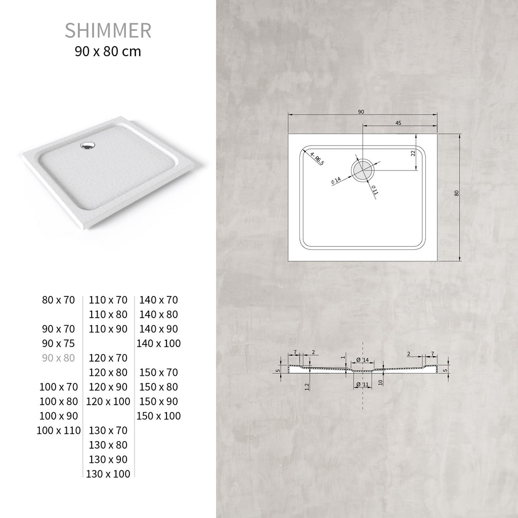 SHIMMER - Piatto doccia bianco Stone acrilico, texture pietra, ultrasottile 5 cm, sifone e valvola inclusi