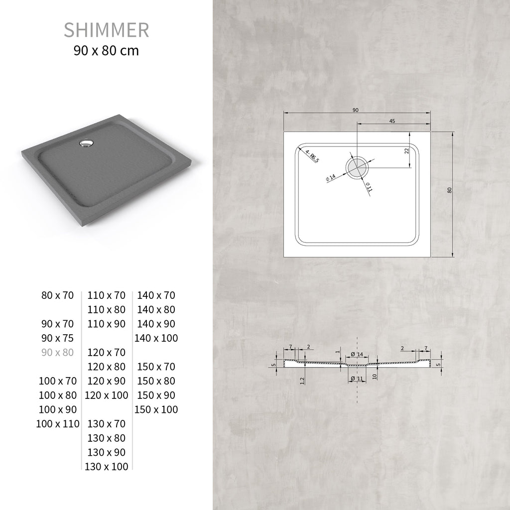 SHIMMER - Piatto doccia grigio Stone acrilico, texture pietra, ultrasottile 5 cm, sifone e valvola inclusi