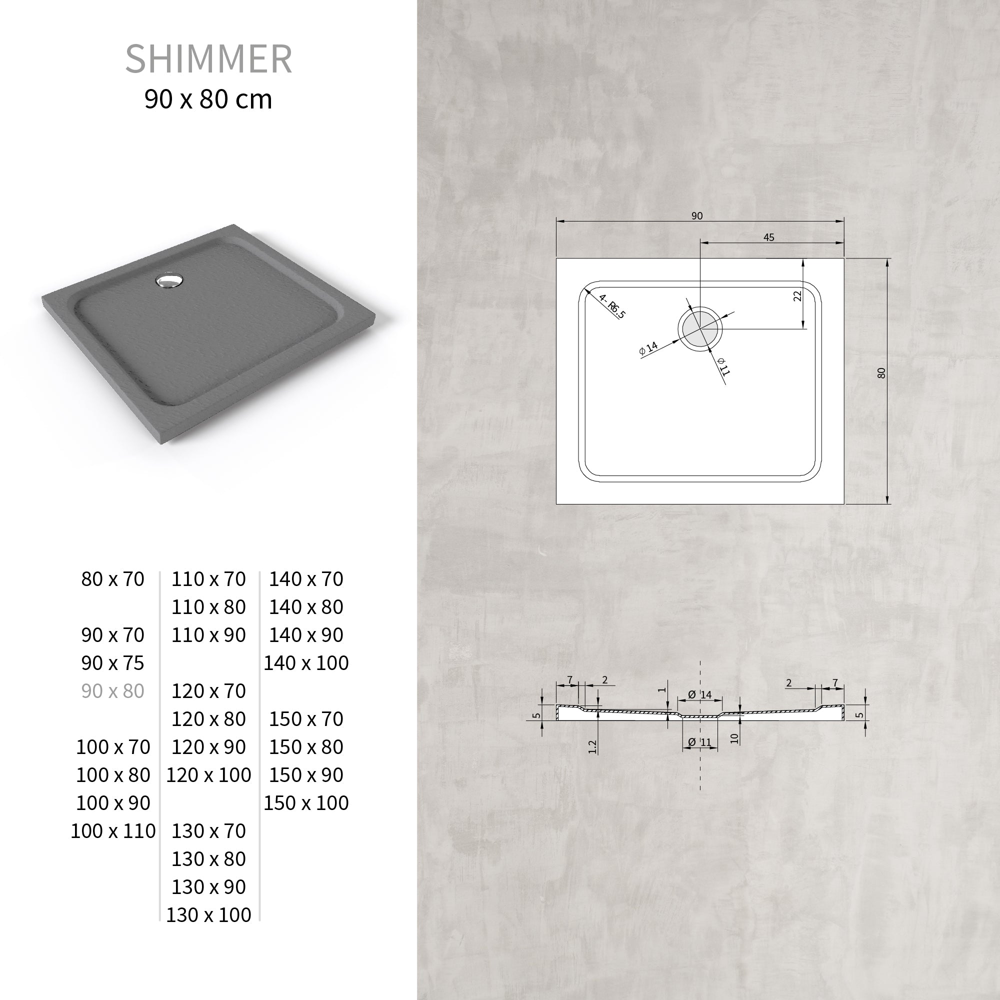 SHIMMER - Piatto doccia grigio Stone acrilico, texture pietra, ultrasottile 5 cm, sifone e valvola inclusi