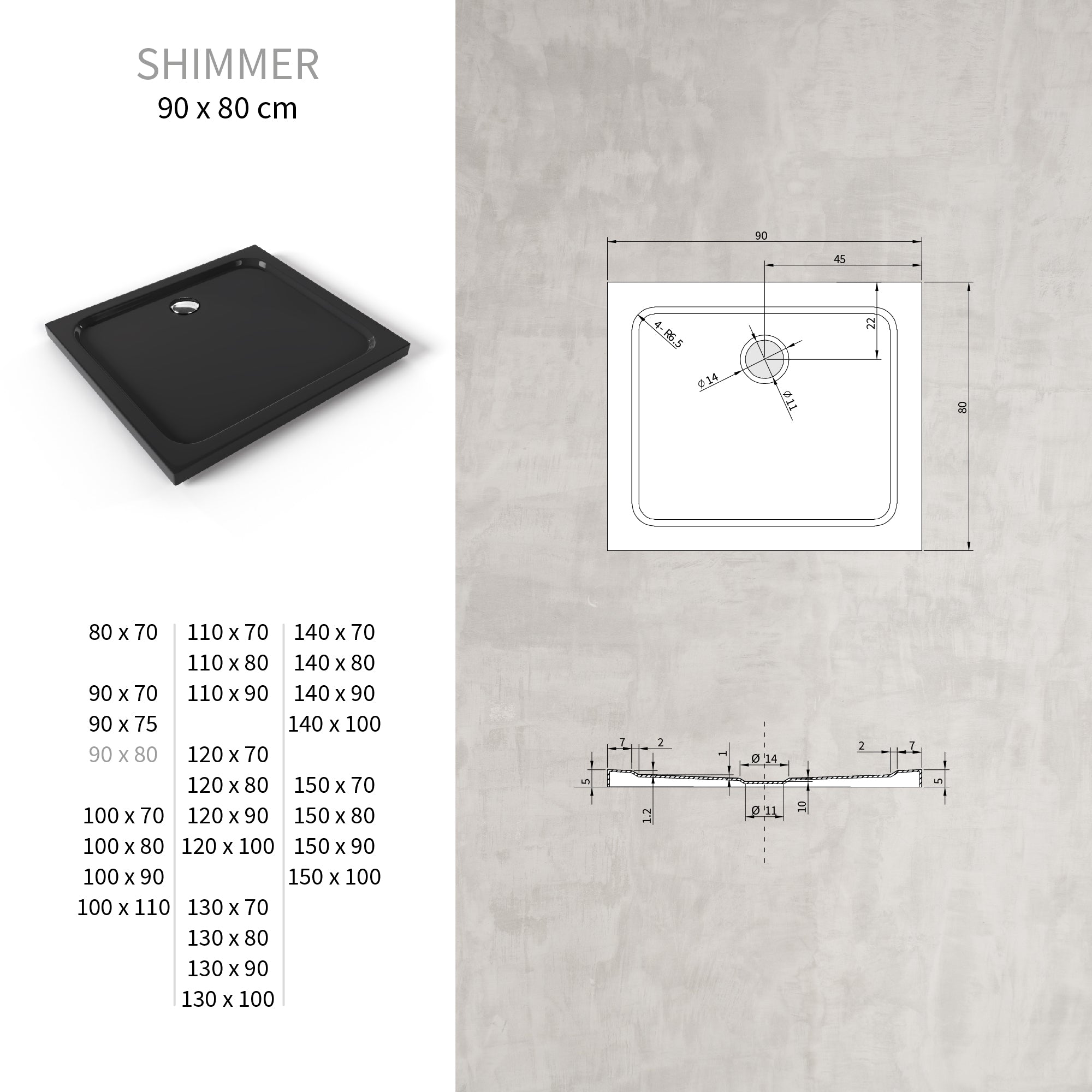 SHIMMER - Piatto doccia nero Smooth acrilico, texture liscia, ultrasottile 5 cm, sifone e valvola inclusi