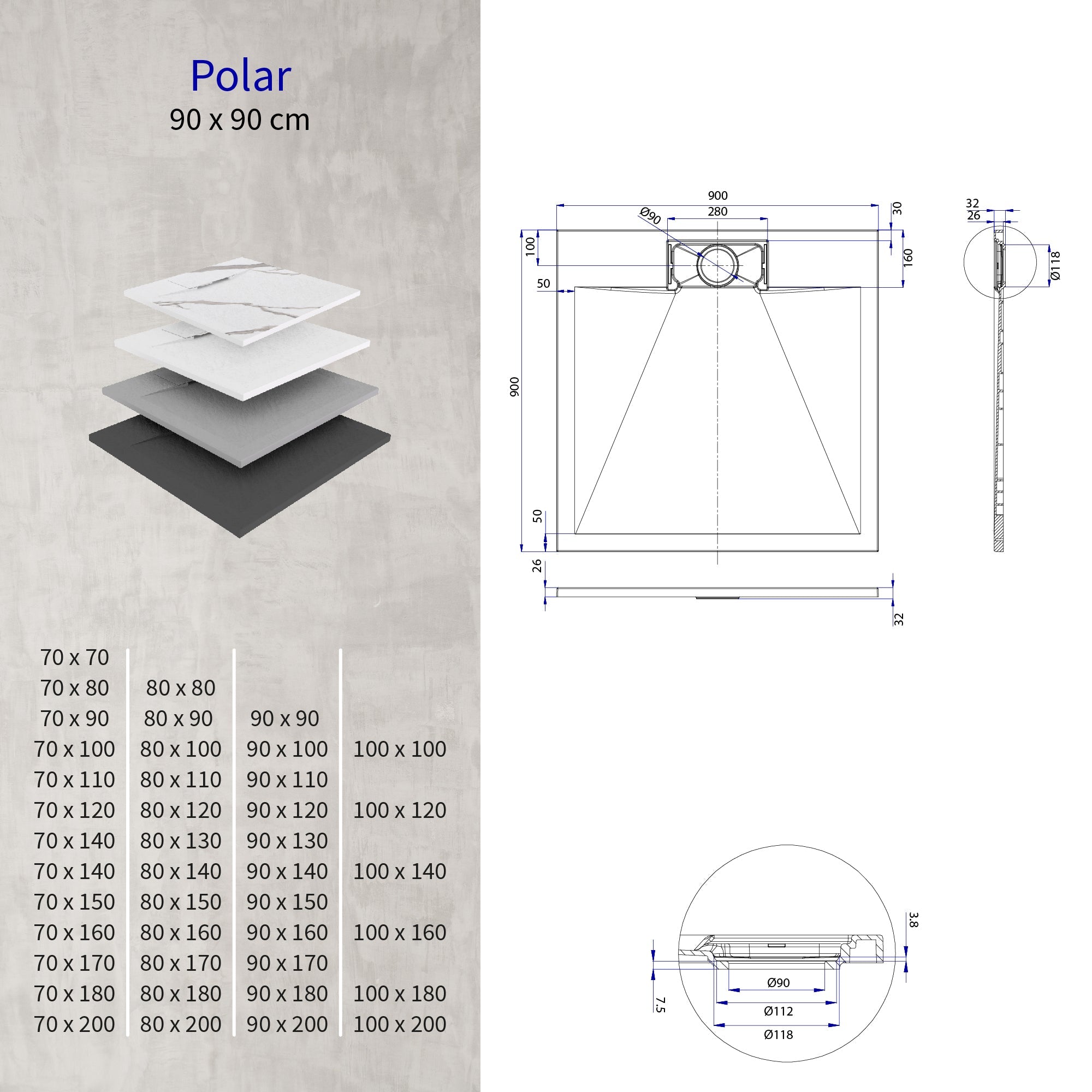 POLAR - Piatto doccia Carrara antiscivolo, resistente, durevole e facile da pulire - Incl. sifone