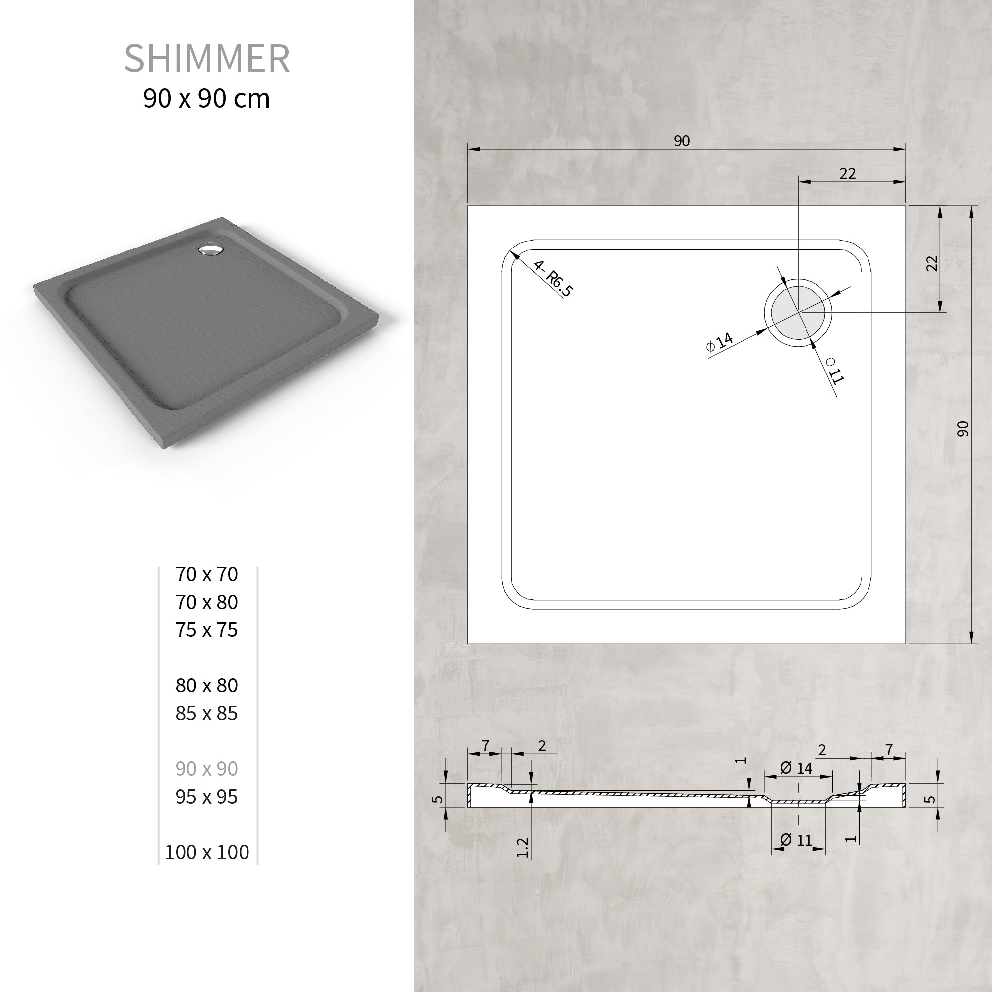 SHIMMER - Piatto doccia grigio Stone acrilico, texture pietra, ultrasottile 5 cm, sifone e valvola inclusi