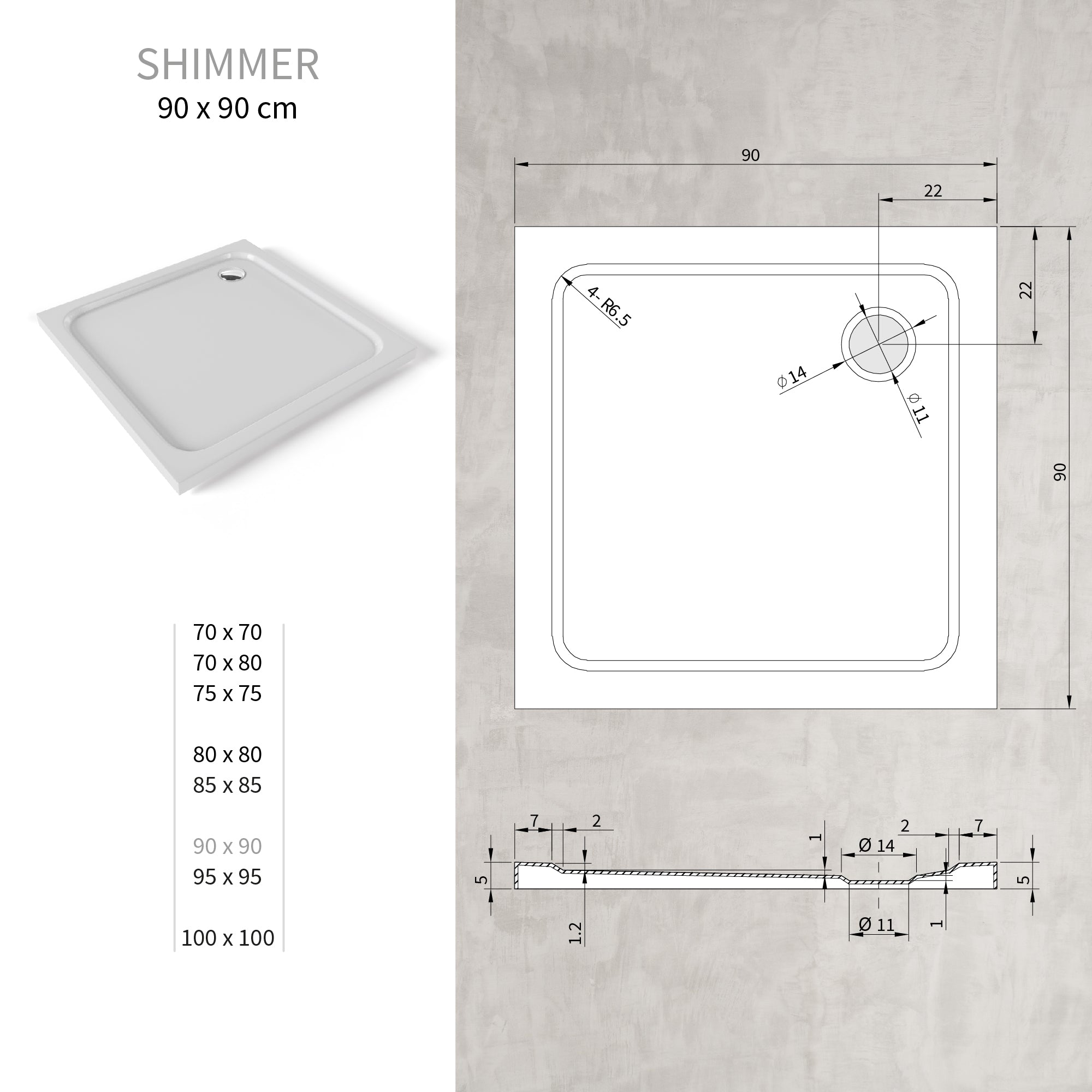 SHIMMER - Plato de ducha blanco Smooth acrílico, textura lisa, extraplano 5 cm, sifón y válvula incluidos