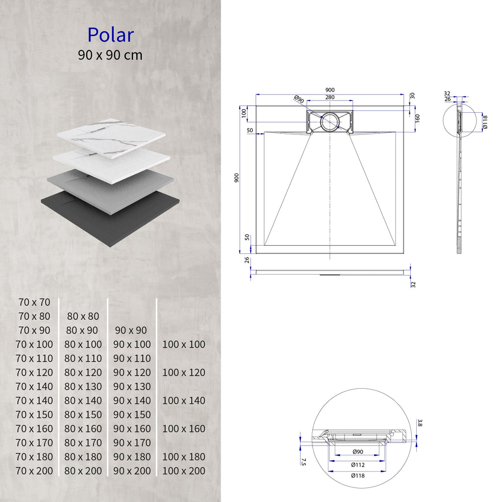 POLAR - Piatto doccia bianco antiscivolo, resistente, durevole e facile da pulire - Incl. sifone
