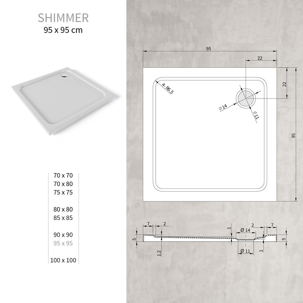SHIMMER - Plato de ducha blanco Smooth acrílico, textura lisa, extraplano 5 cm, sifón y válvula incluidos