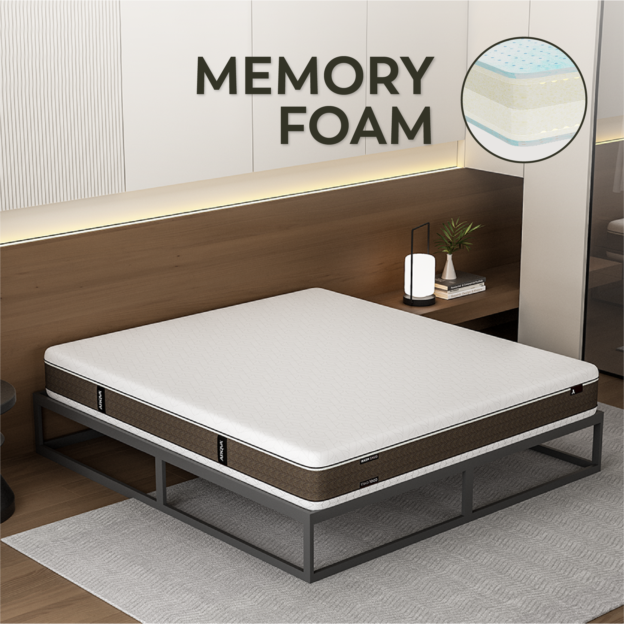 ARQYA Akari memory foam mattress on Haruki bed frame in a calm bedroom setting
