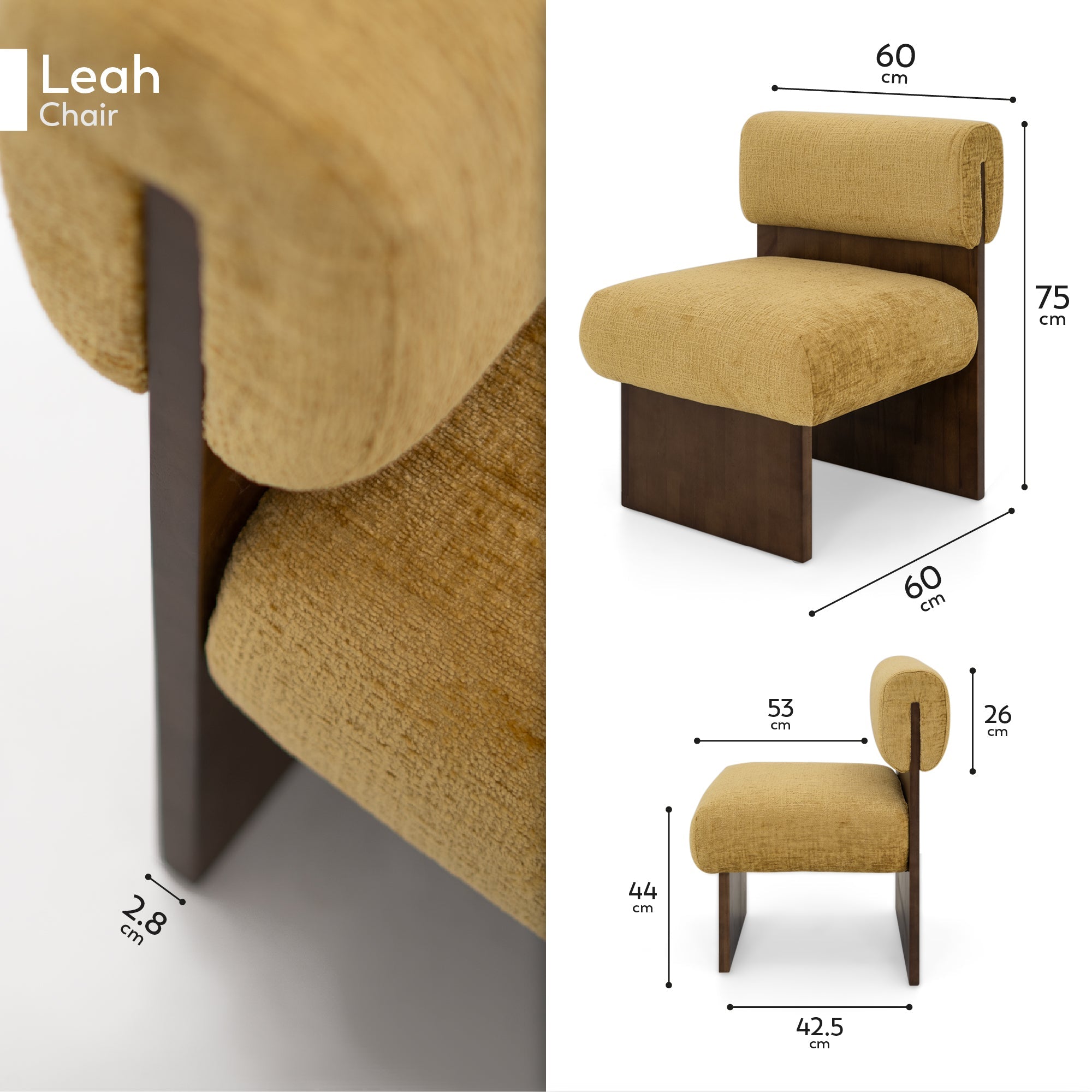Leah – Cadeirão Acolchoado com Espuma de Alta Densidade 40 kg/m³, Estrutura em Madeira de Bétula, Design Escandinavo, 60x60x75 cm