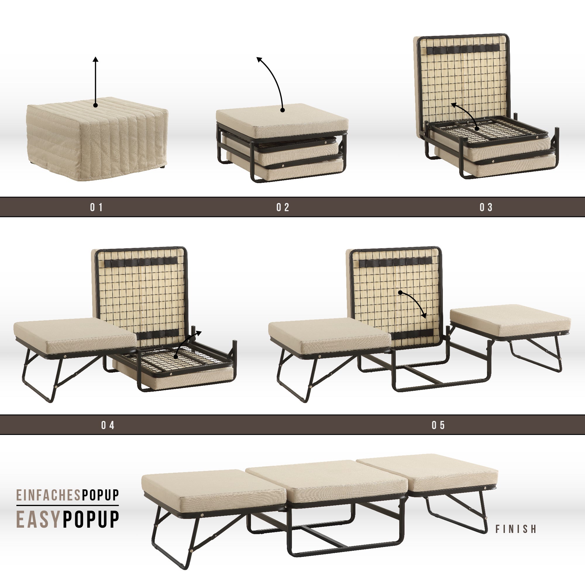DIVAN 2 in 1 Premium | Letto pieghevole per ospiti con pouf convertibile e materasso beige