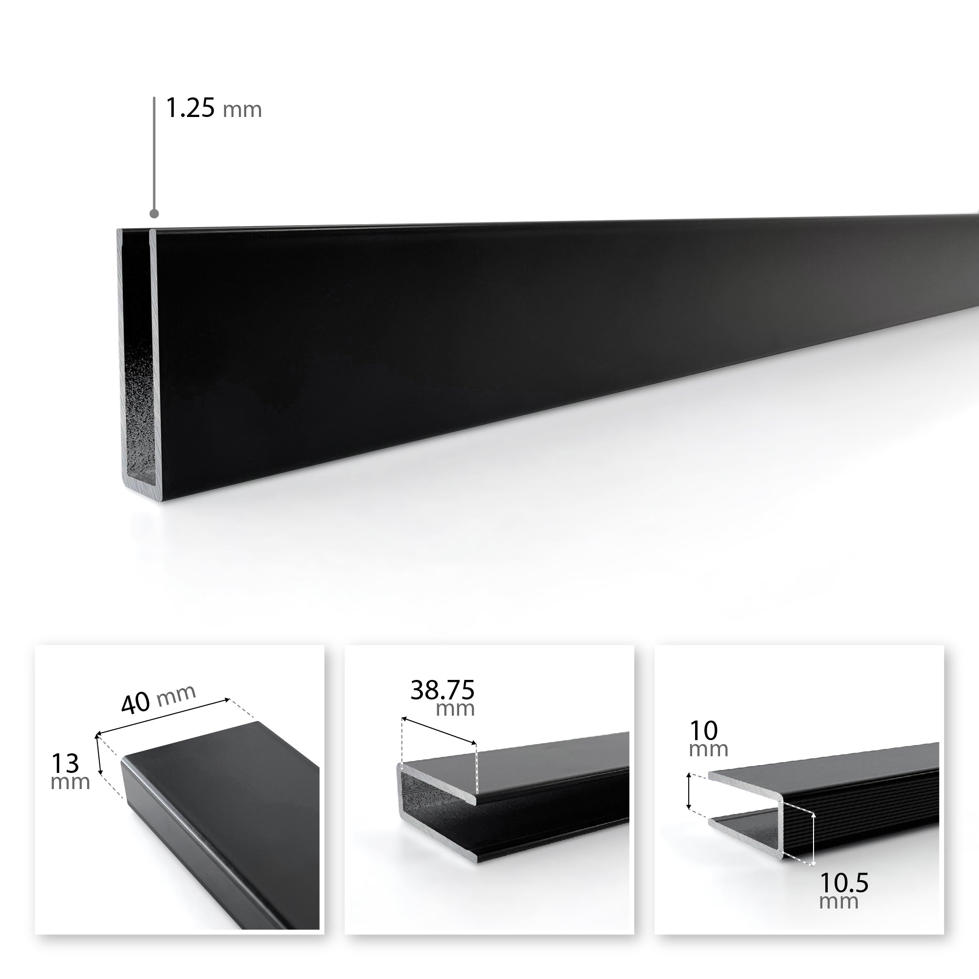 Perfil de pared de aluminio negro para panel de ducha Walk-In 8 o 10 mm