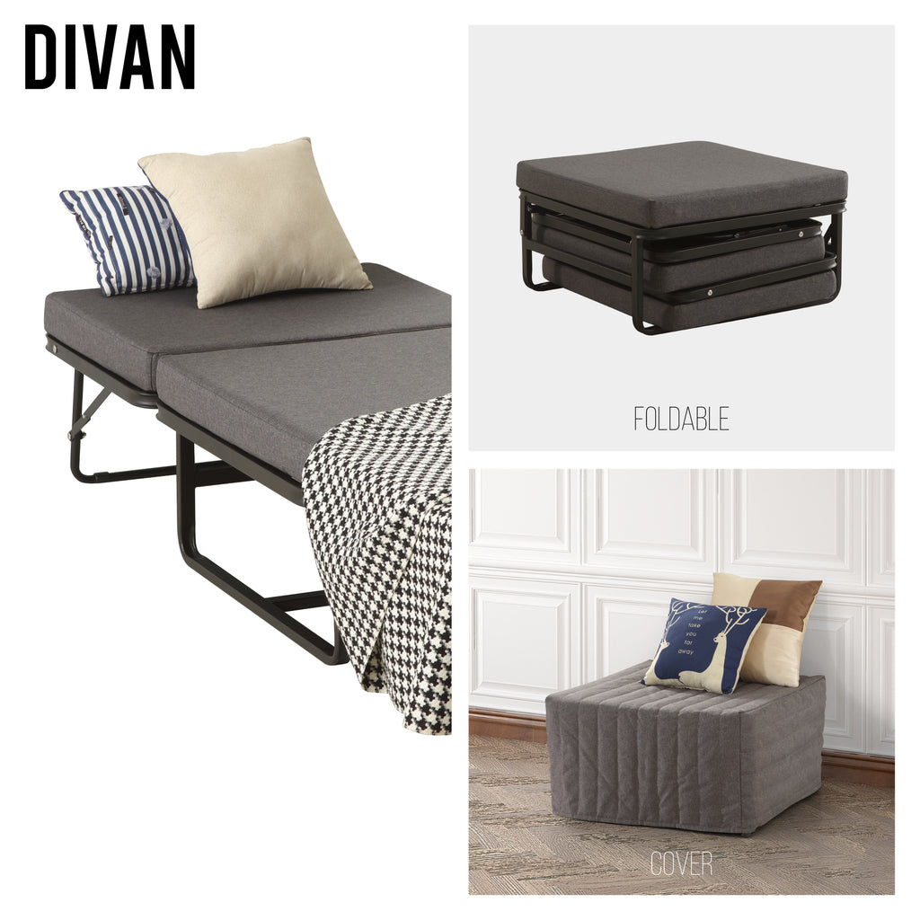 DIVAN 2 in 1 Premium | Letto pieghevole per ospiti con pouf convertibile e materasso grigio