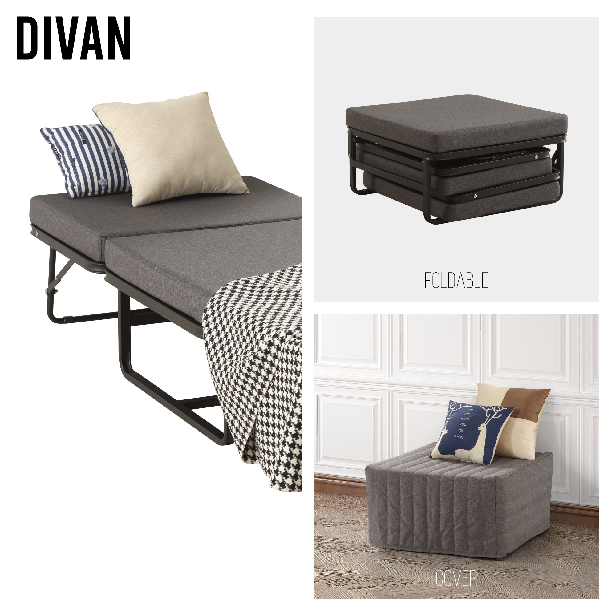 DIVAN 2 in 1 Premium | Letto pieghevole per ospiti con pouf convertibile e materasso grigio