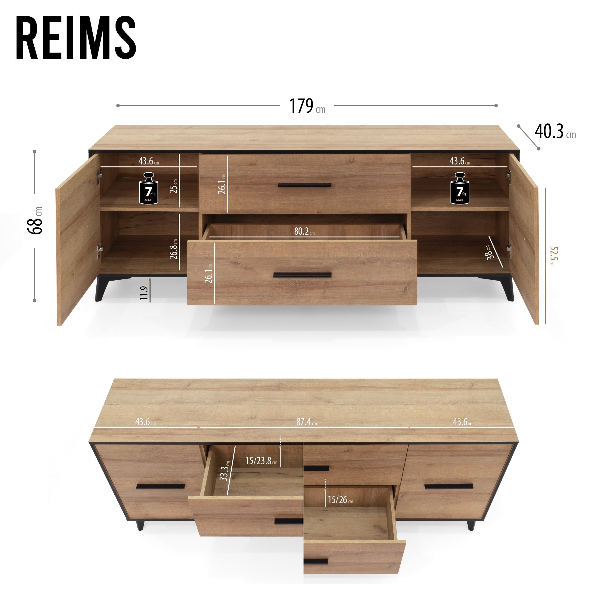 REIMS - Mueble TV en Roble o Nogal con Estructura Negra | RTV2D1S, RTV2D2S