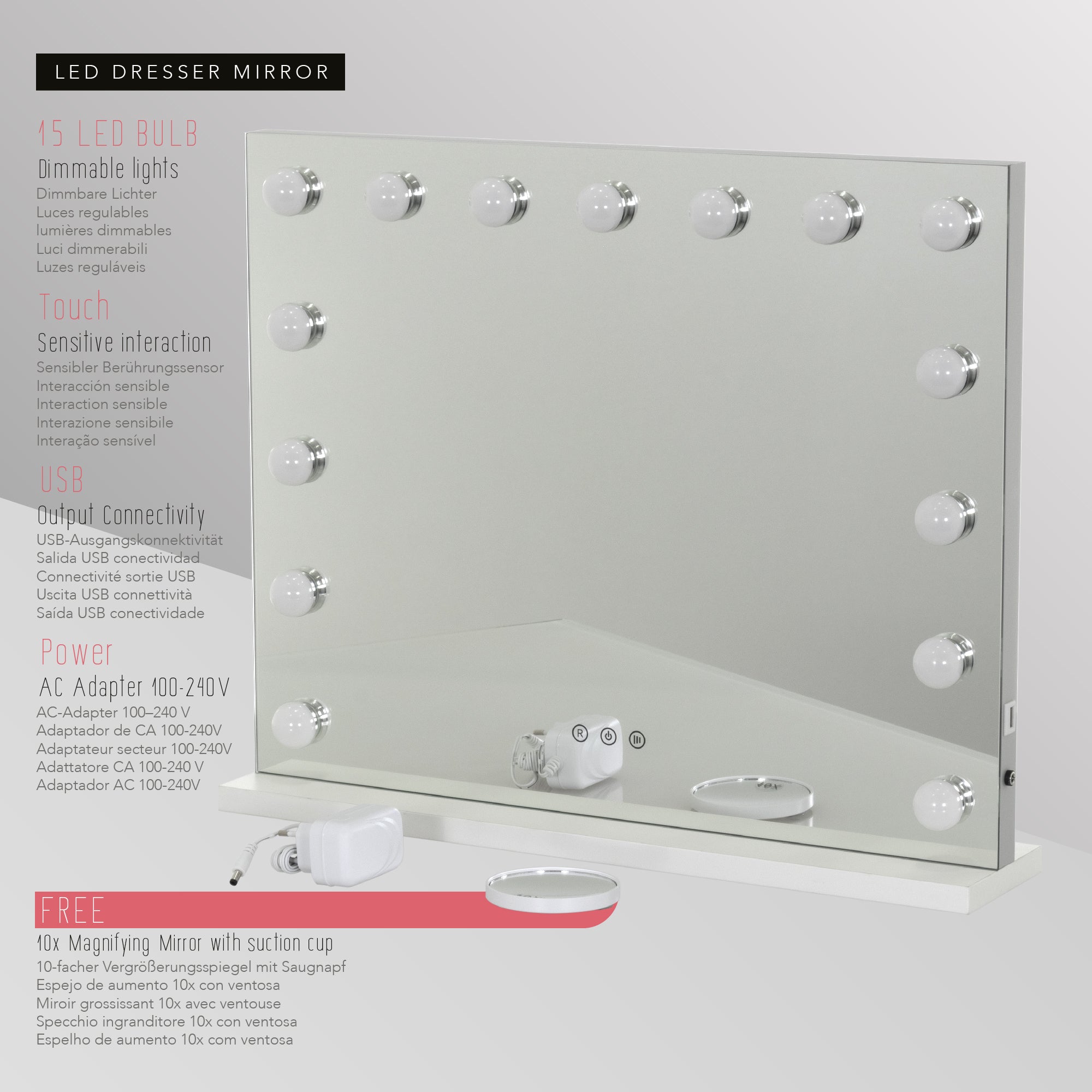BULB STAND - Specchio da trucco con 15 lampadine LED