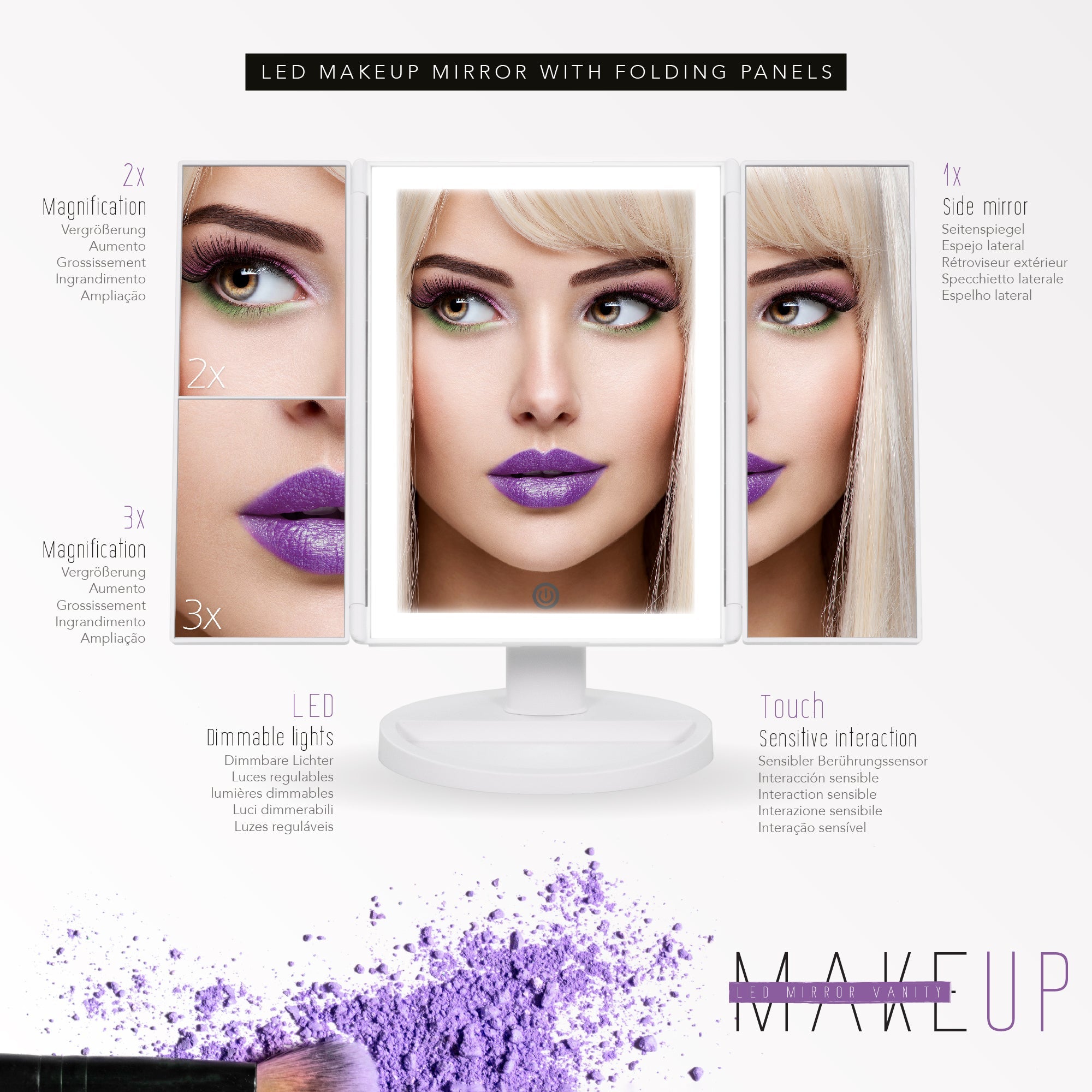 MAKEUP - Specchio da trucco con striscia di luce LED e ingrandimento