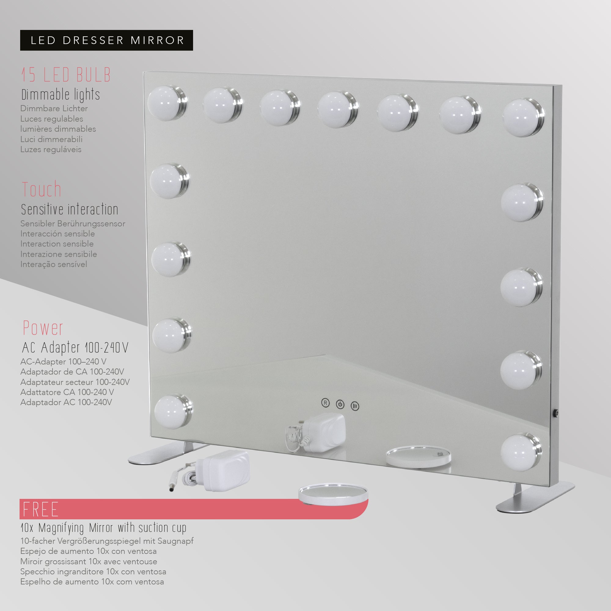 BULB PROP - Specchio da trucco con 15 lampadine LED