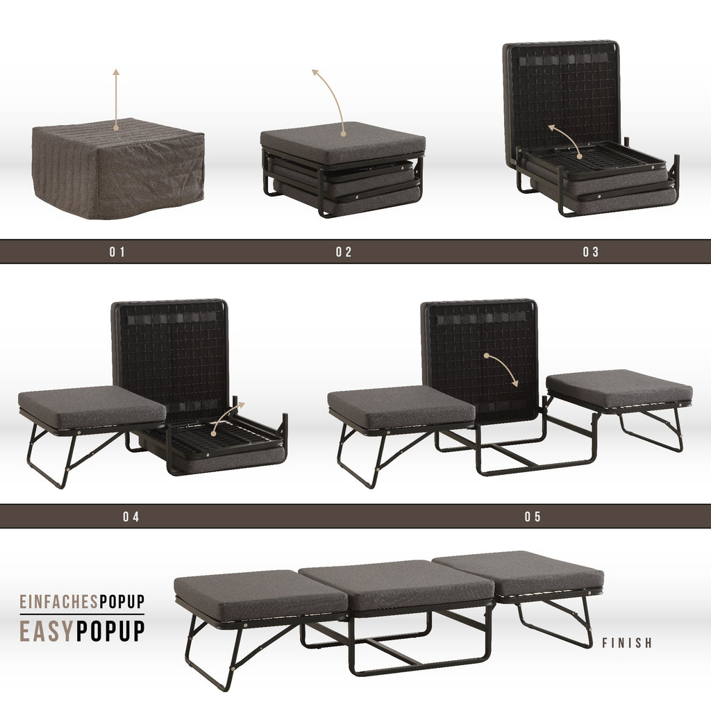 DIVAN 2 in 1 Premium | Letto pieghevole per ospiti con pouf convertibile e materasso grigio