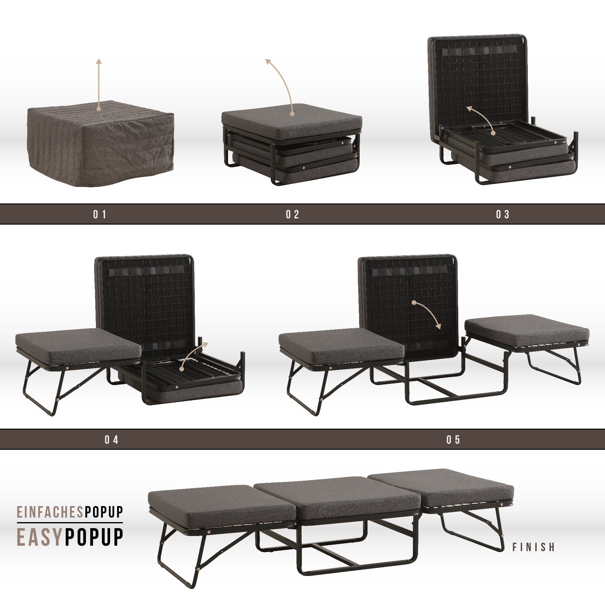 DIVAN 2 in 1 Premium | Letto pieghevole per ospiti con pouf convertibile e materasso grigio