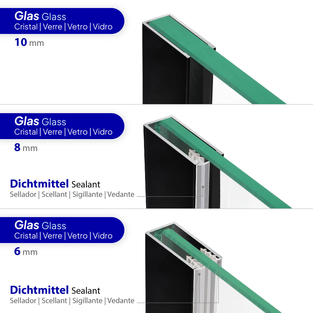 Perfil de pared de aluminio negro para panel de ducha Walk-In 8 o 10 mm