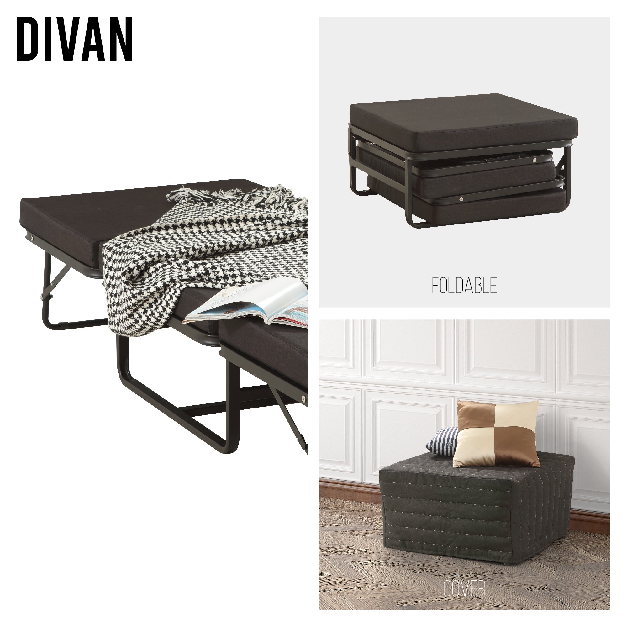 DIVAN 2 in 1 Premium | Letto pieghevole per ospiti con pouf convertibile e materasso marrone