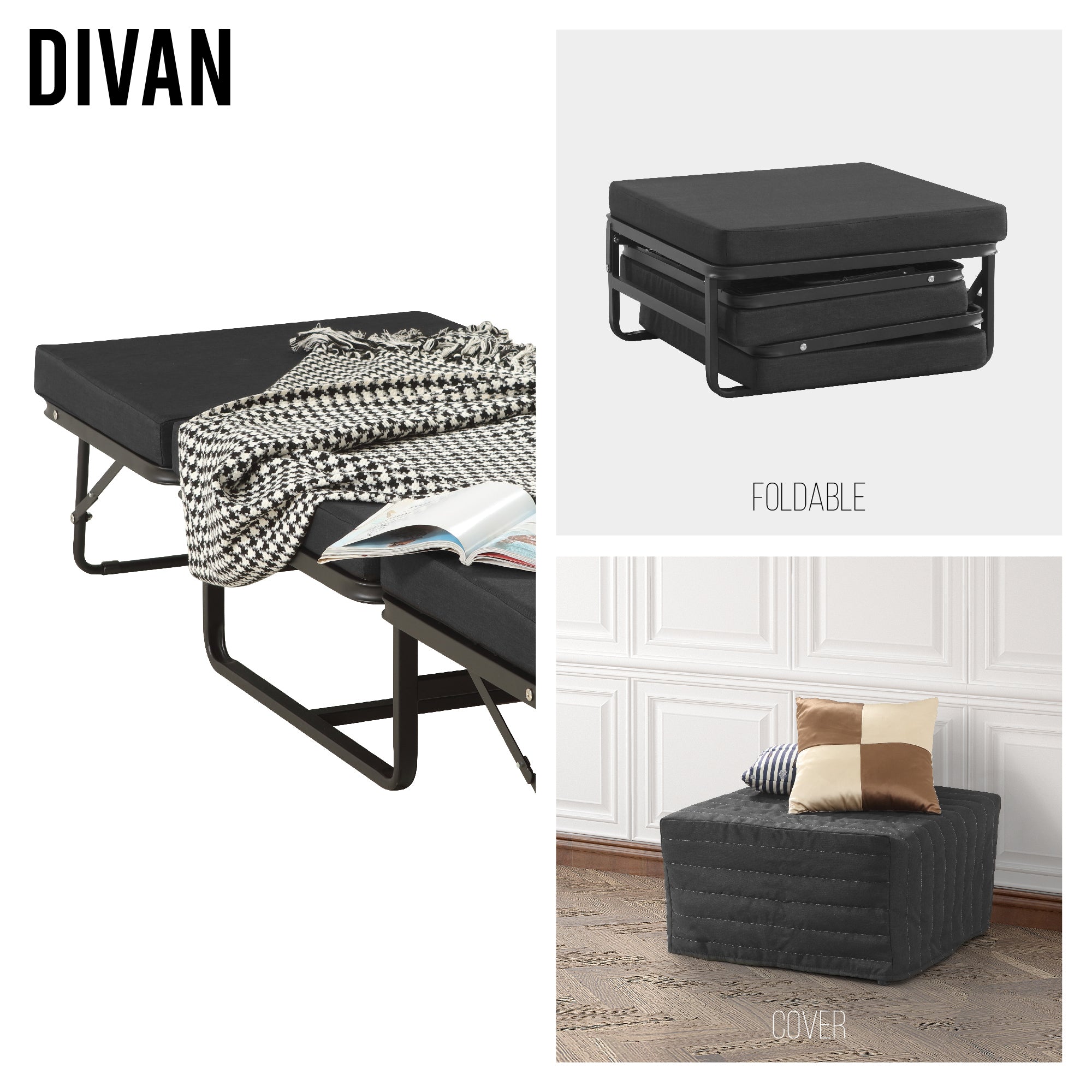 DIVAN 2 in 1 Premium | Letto pieghevole per ospiti con pouf convertibile e materasso nero