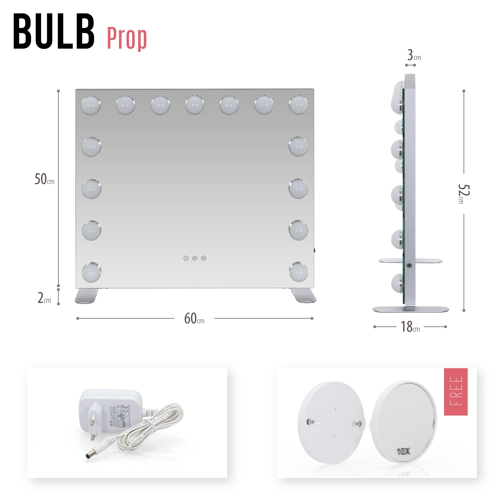 BULB PROP - Specchio da trucco con 15 lampadine LED