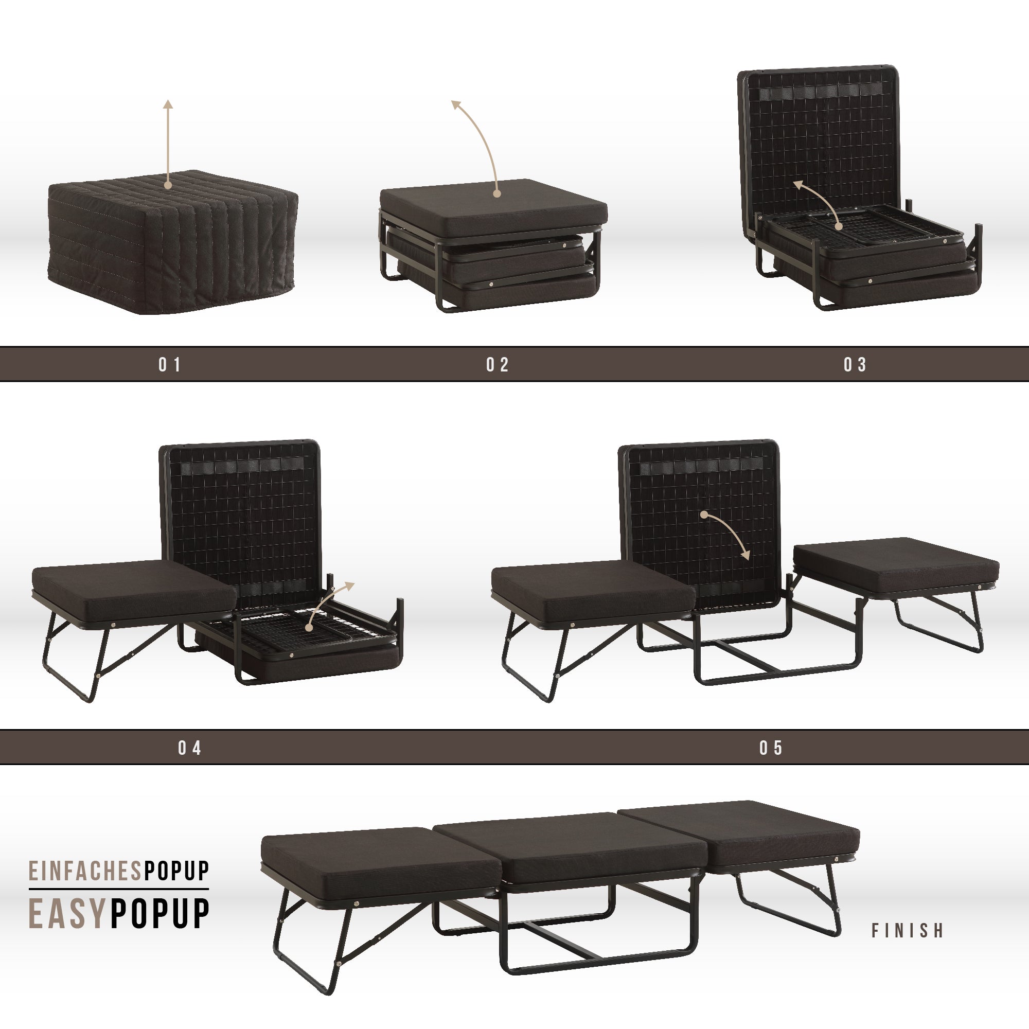 DIVAN 2 in 1 Premium | Letto pieghevole per ospiti con pouf convertibile e materasso marrone