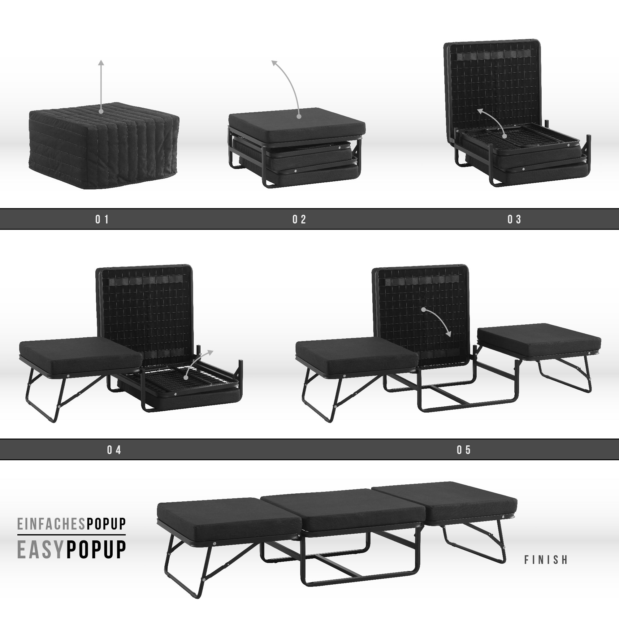 DIVAN 2 in 1 Premium | Letto pieghevole per ospiti con pouf convertibile e materasso nero