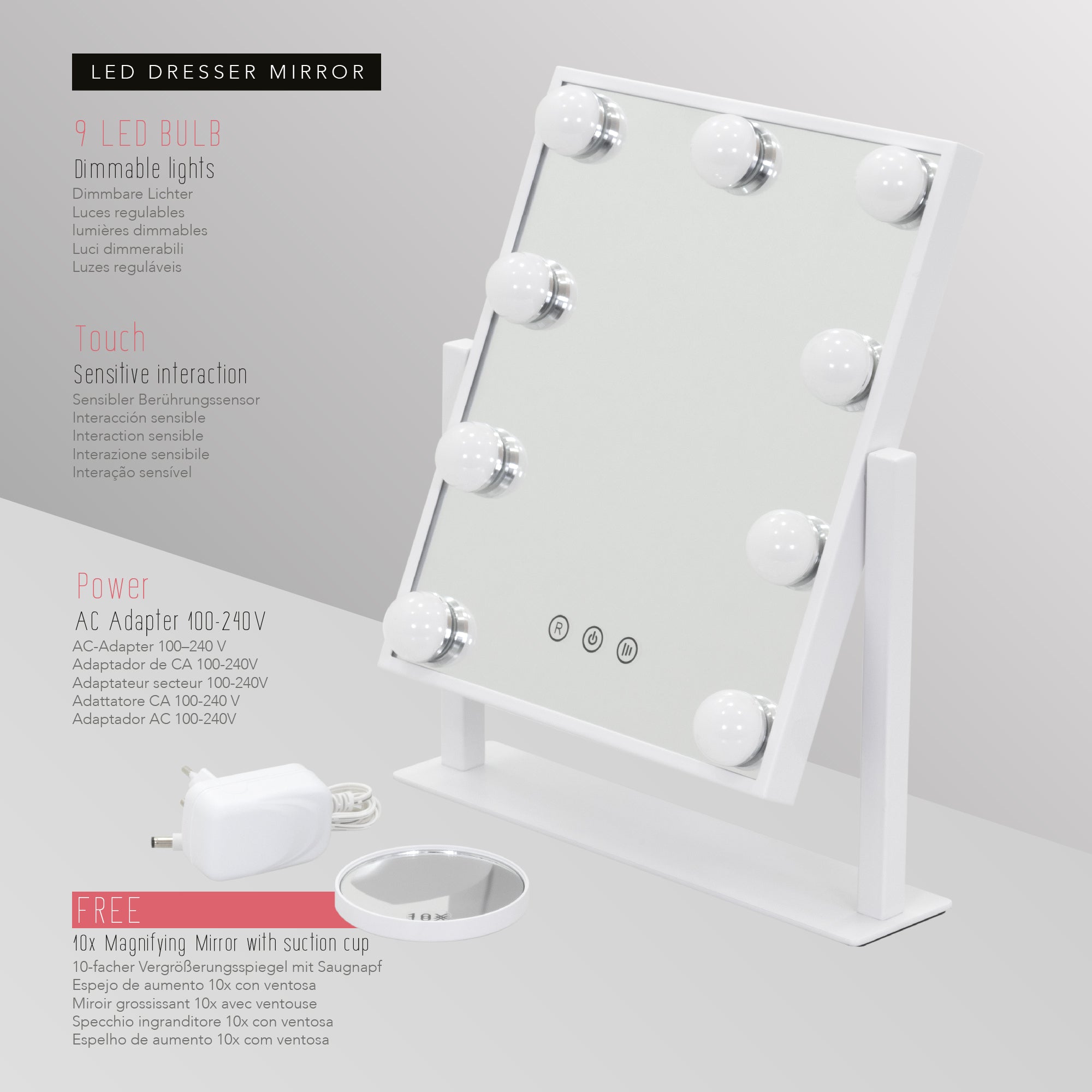 BULB TINY - Specchio da trucco con 9 lampadine LED