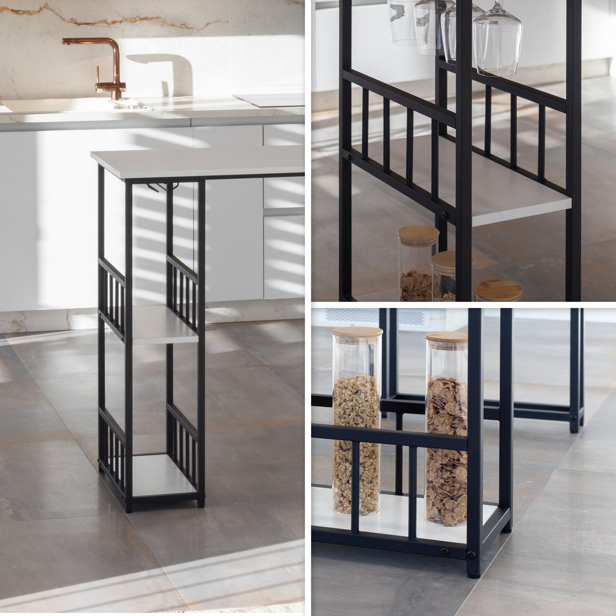 GAVIN - Mesa de bar 110x50 cm, altura 105 cm, con 2 estantes y portacopas, estructura de acero, estilo industrial, negro
