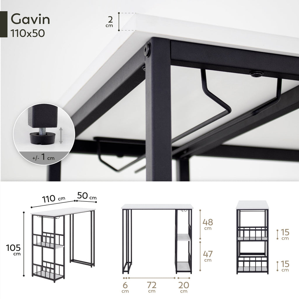 GAVIN - Mesa de bar 110x50 cm, altura 105 cm, con 2 estantes y portacopas, estructura de acero, estilo industrial, negro