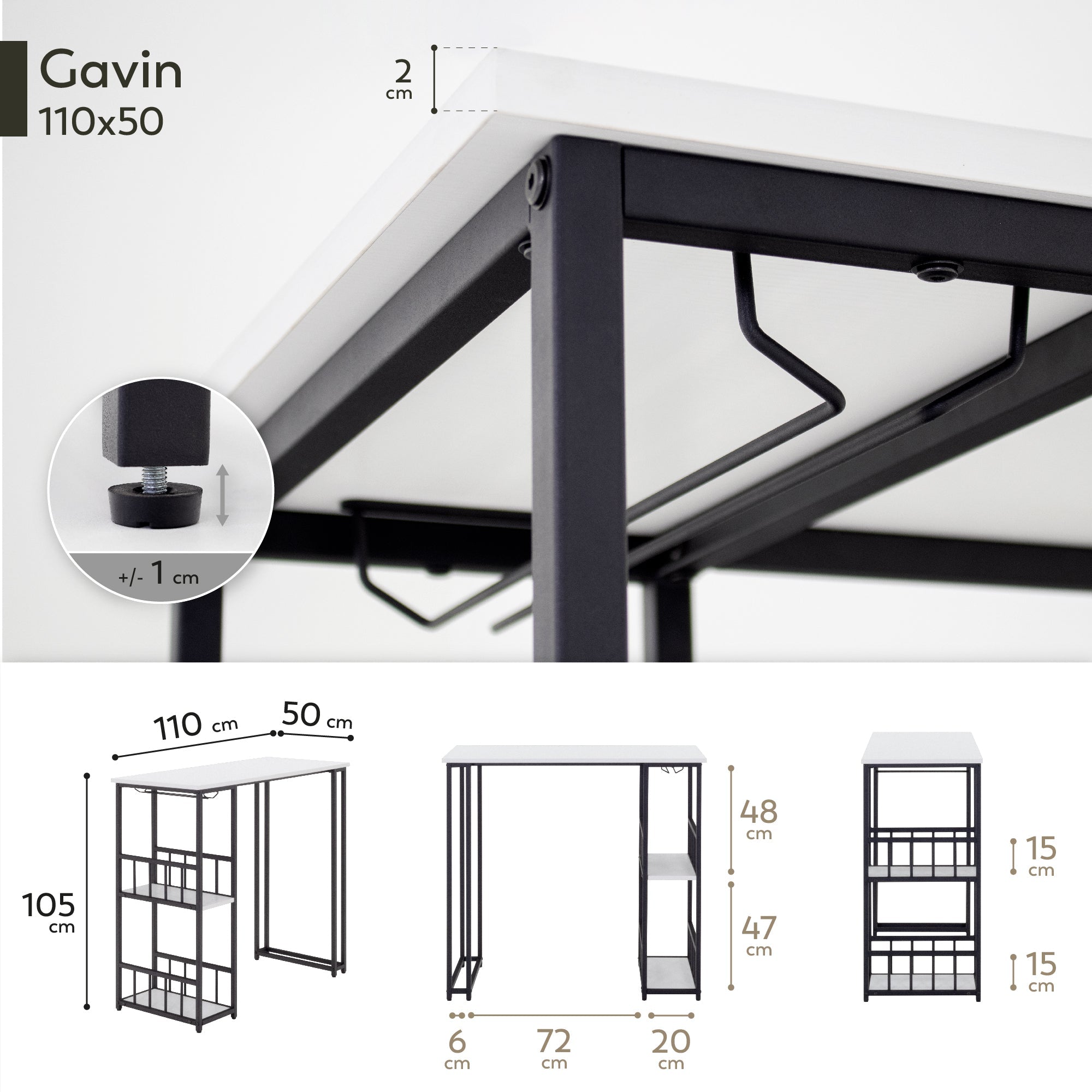 GAVIN - Mesa de bar 110x50 cm, altura 105 cm, con 2 estantes y portacopas, estructura de acero, estilo industrial, negro