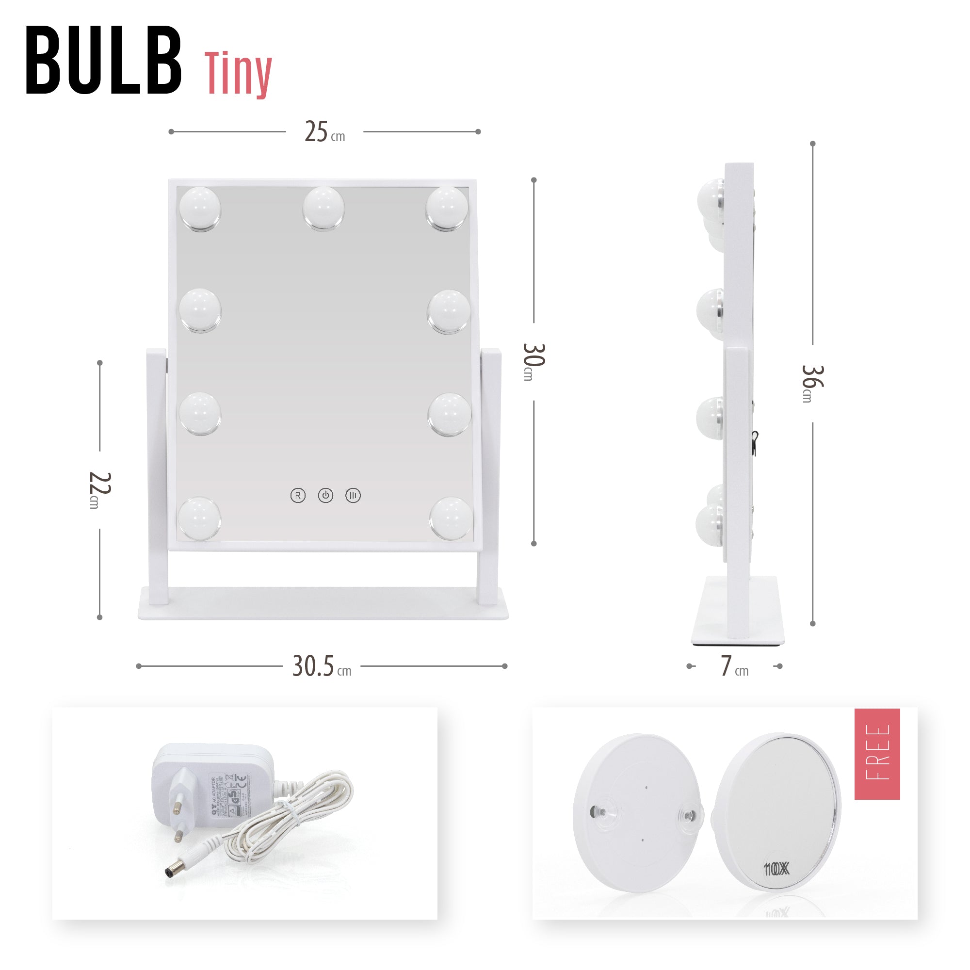 BULB TINY - Specchio da trucco con 9 lampadine LED