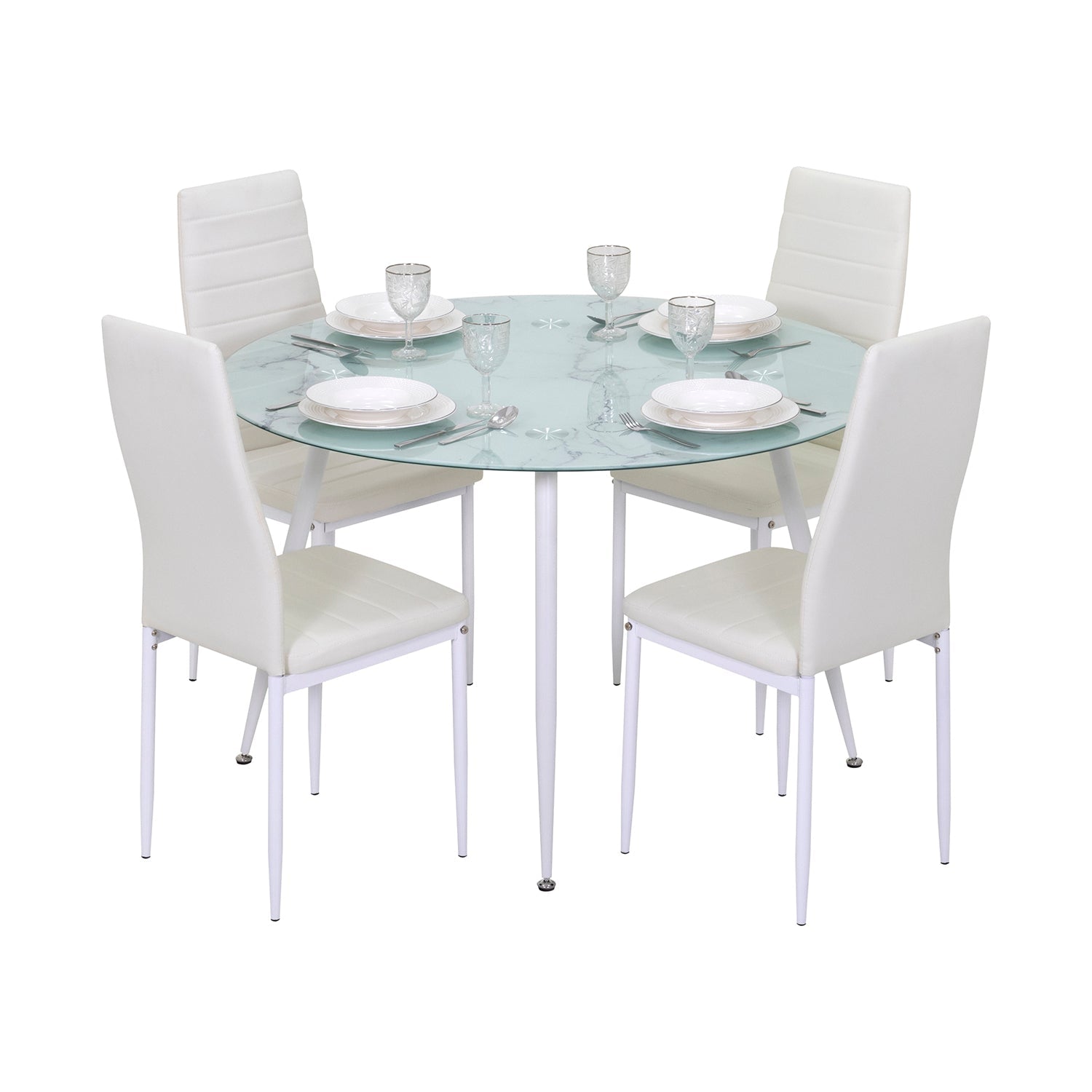 Conjunto de Mesa Corin com 4 Cadeiras Romantic/Shirley, Estrutura Metálica e Tampo em Vidro Temperado