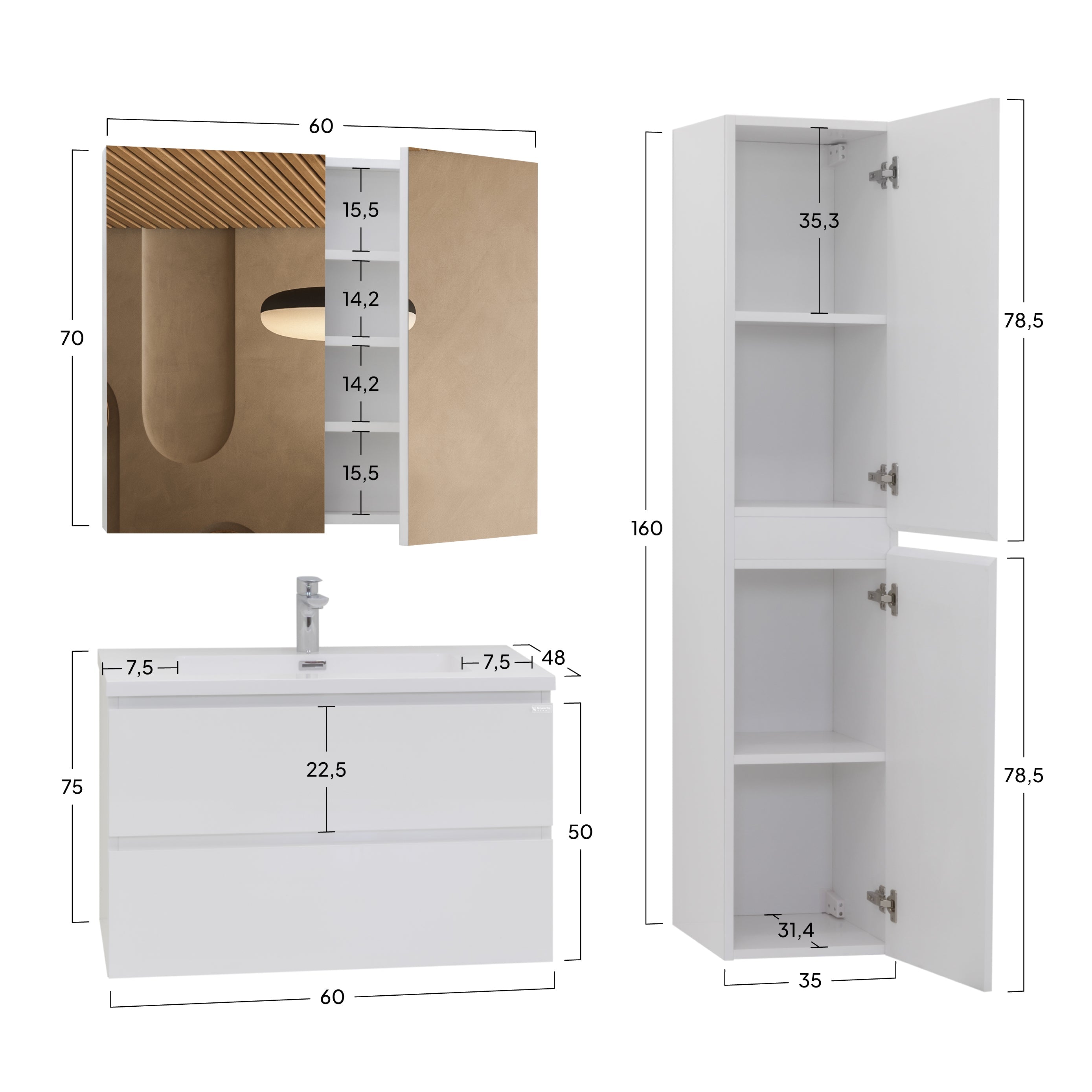 Atena - Set bagno sospeso - Disponibile in 60, 80, 100 e 120 cm - Vari colori