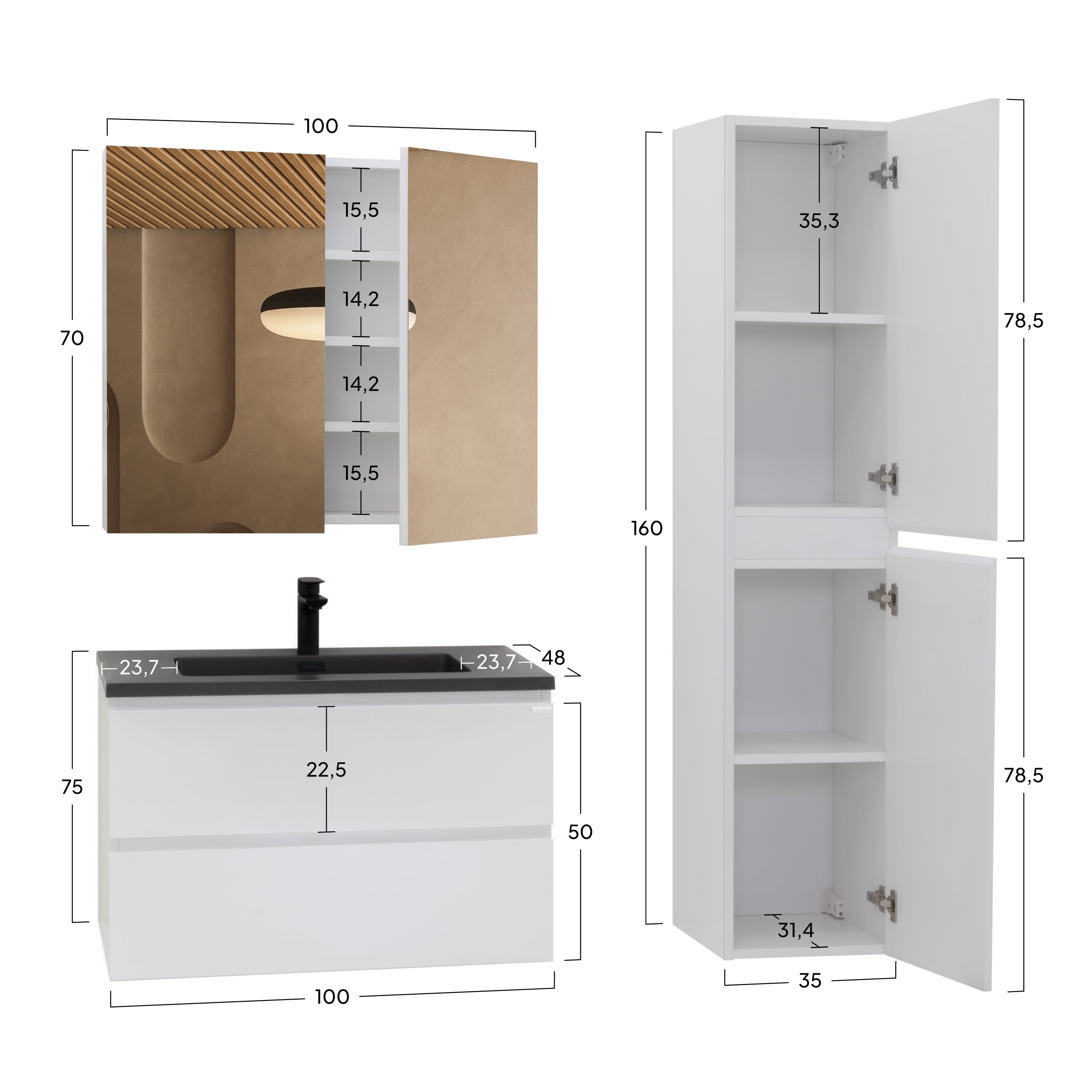 Atena - Set bagno sospeso - Disponibile in 60, 80, 100 e 120 cm - Vari colori