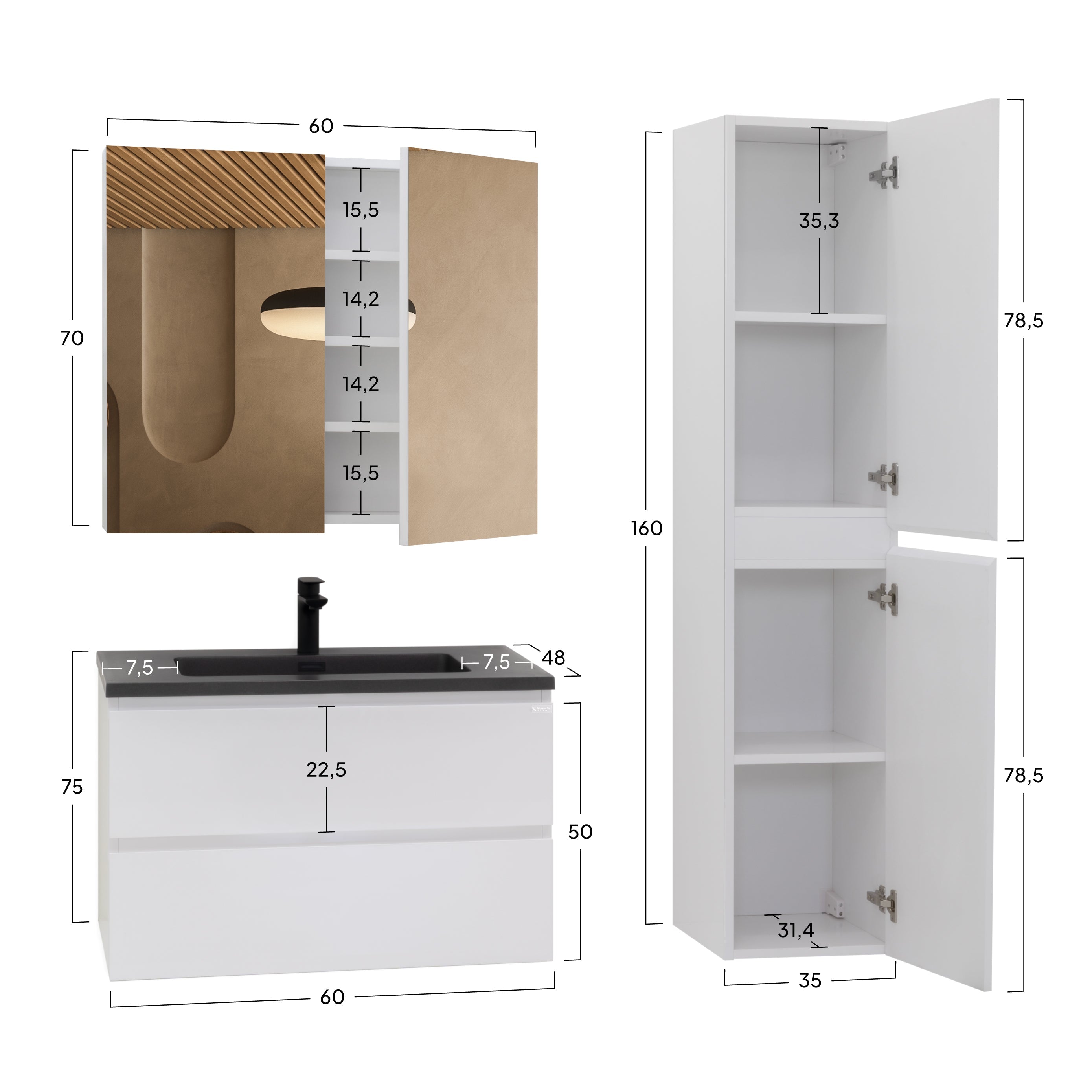 Atena - Set bagno sospeso - Disponibile in 60, 80, 100 e 120 cm - Vari colori