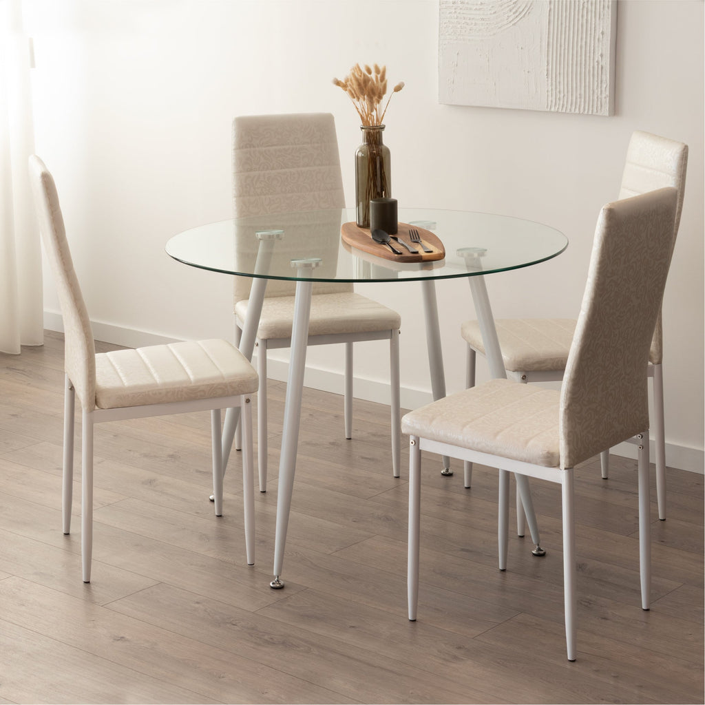 Conjunto de Mesa Corin con 4 Sillas Romantic/Shirley, Estructura Metálica y Tablero de Vidrio Templado