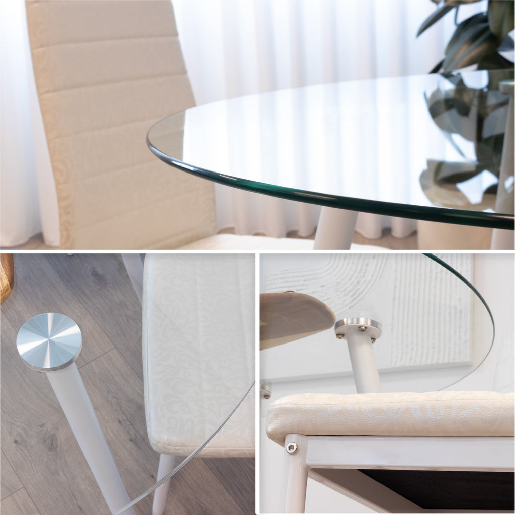 Conjunto de Mesa Corin con 4 Sillas Romantic/Shirley, Estructura Metálica y Tablero de Vidrio Templado