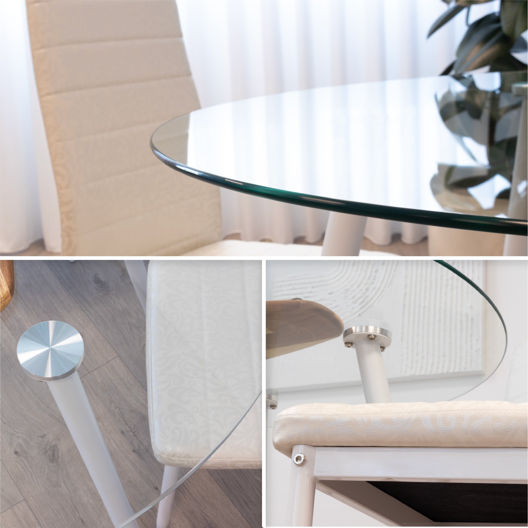 Conjunto de Mesa Corin con 4 Sillas Romantic/Shirley, Estructura Metálica y Tablero de Vidrio Templado