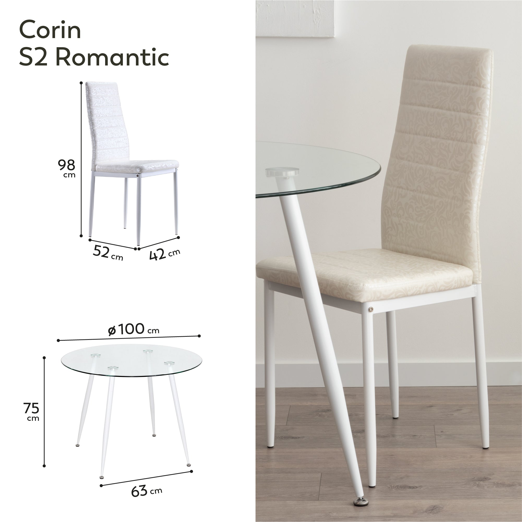 Conjunto de Mesa Corin con 4 Sillas Romantic/Shirley, Estructura Metálica y Tablero de Vidrio Templado