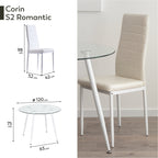 Conjunto de Mesa Corin con 4 Sillas Romantic/Shirley, Estructura Metálica y Tablero de Vidrio Templado